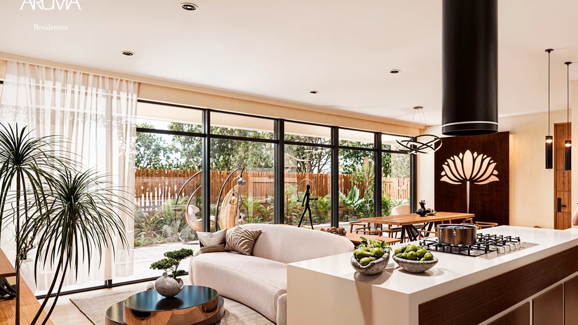 Image of a Open-Concept Living, featuring Kitchen Island and Floor-to-Ceiling Windows.