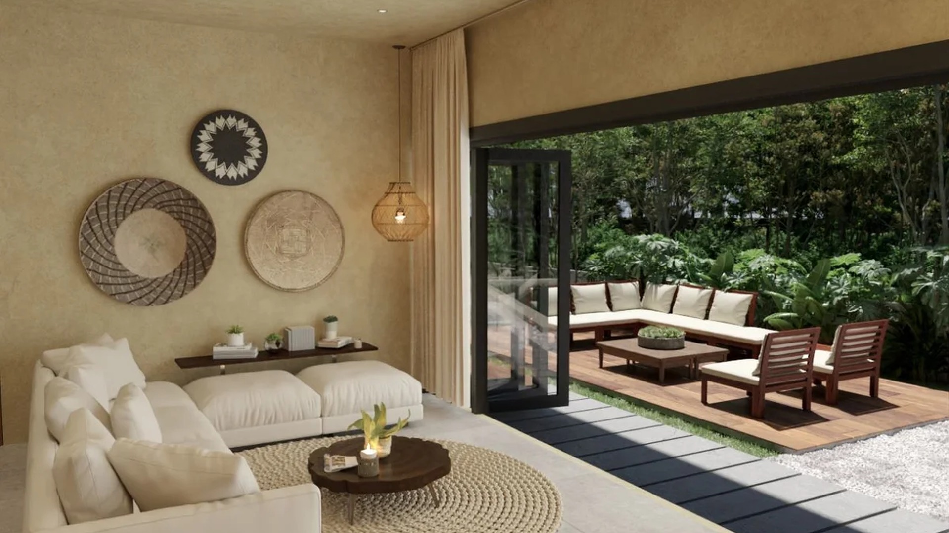 Image of a Indoor-Outdoor Living, featuring Wooden Deck Patio and Lush Garden.