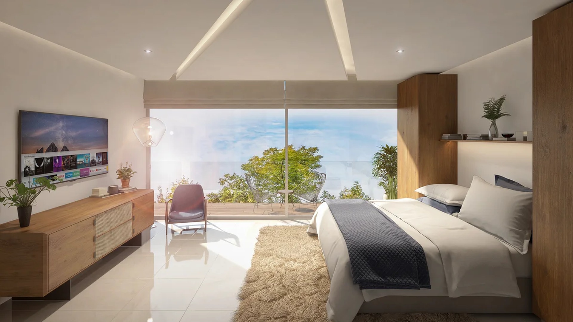 Image of a Modern Bedroom, featuring Private Balcony and Floor-to-Ceiling Windows.