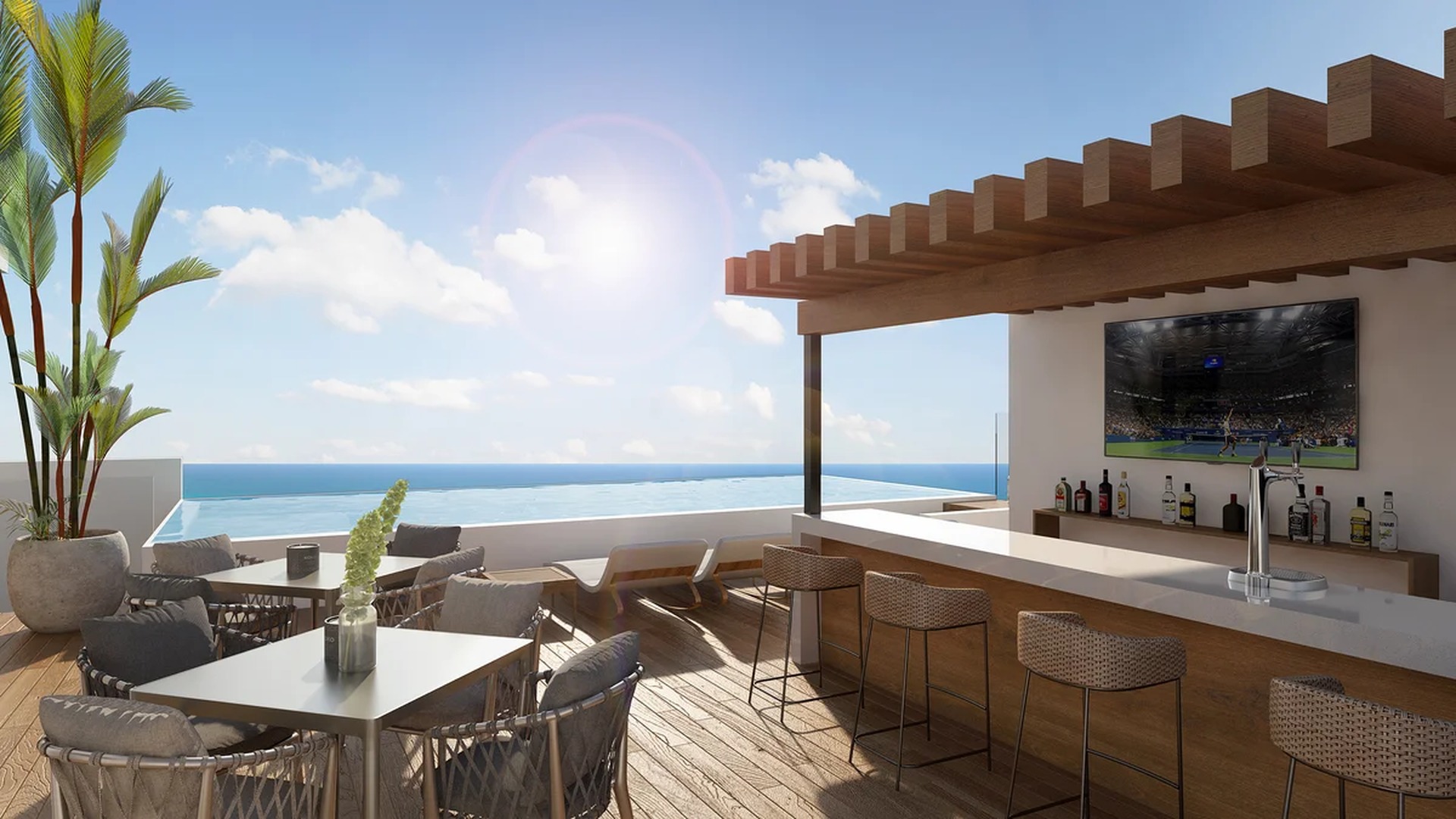 Image of a Rooftop Bar, featuring Infinity Pool and Ocean View.