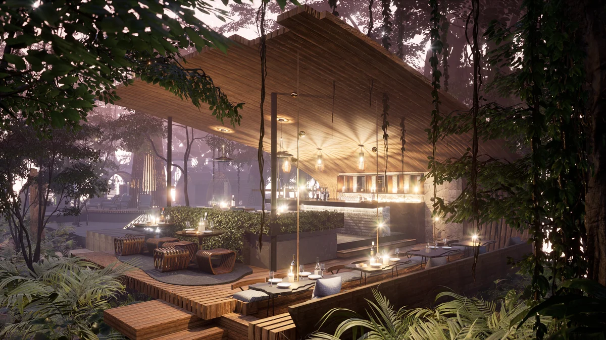 Image of a Outdoor Dining, featuring Jungle Setting and Lounge Area.