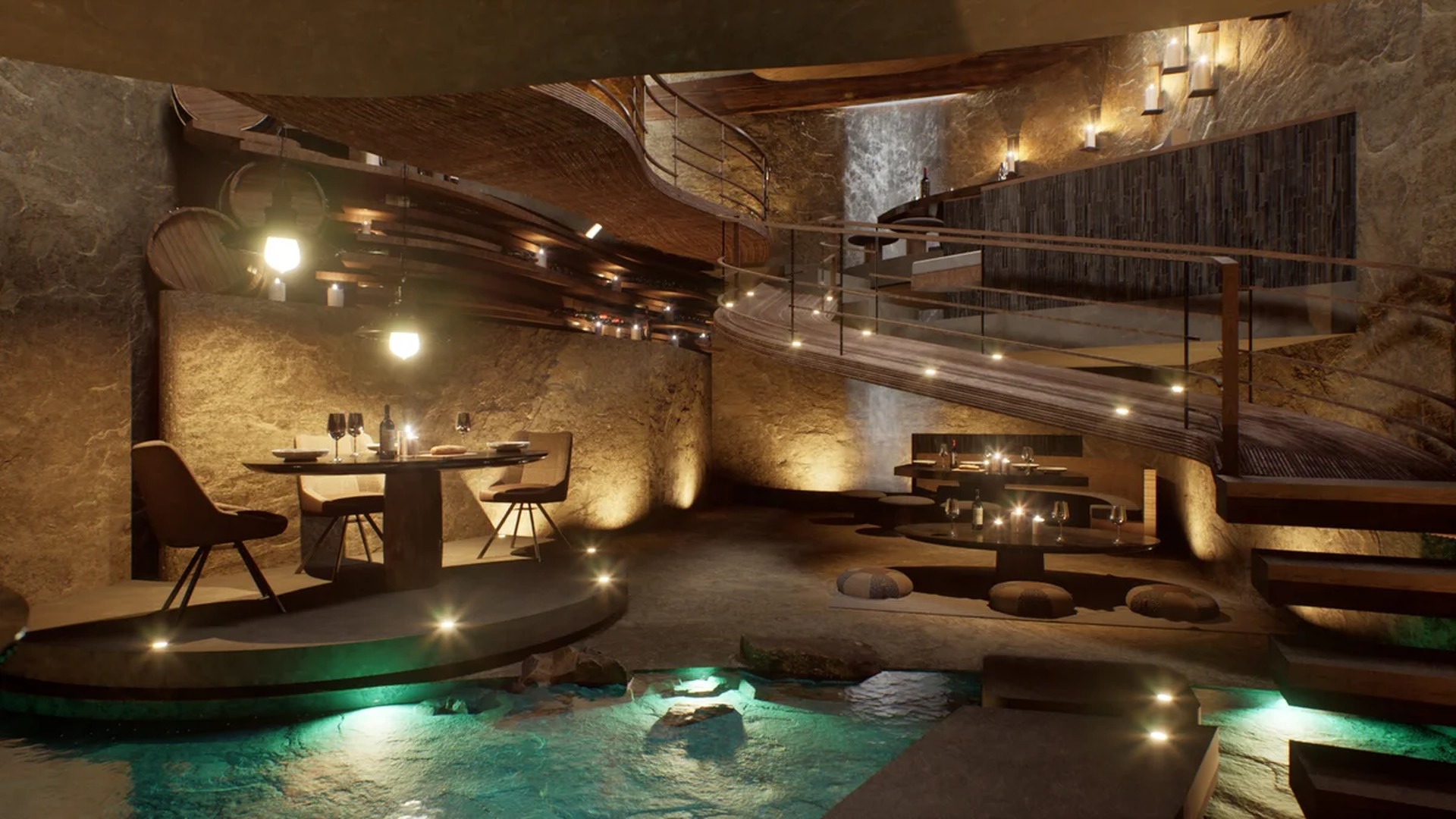 Image of a Grotto-Style Dining, featuring Indoor Waterfall and Natural Stone Walls.