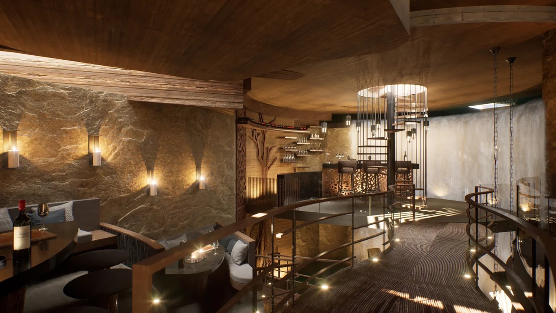 Image of a Restaurant Bar, featuring Spiral Staircase and Natural Stone Walls.