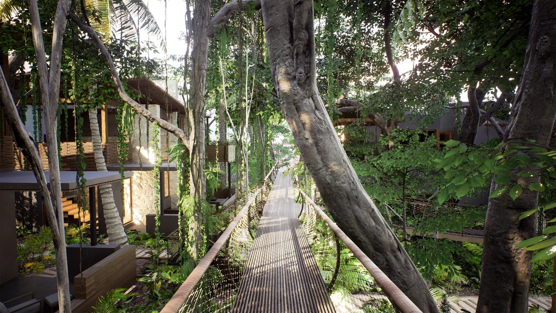 Image of a Jungle Setting, featuring Suspension Bridge Walkway and Eco-Lodge Architecture.
