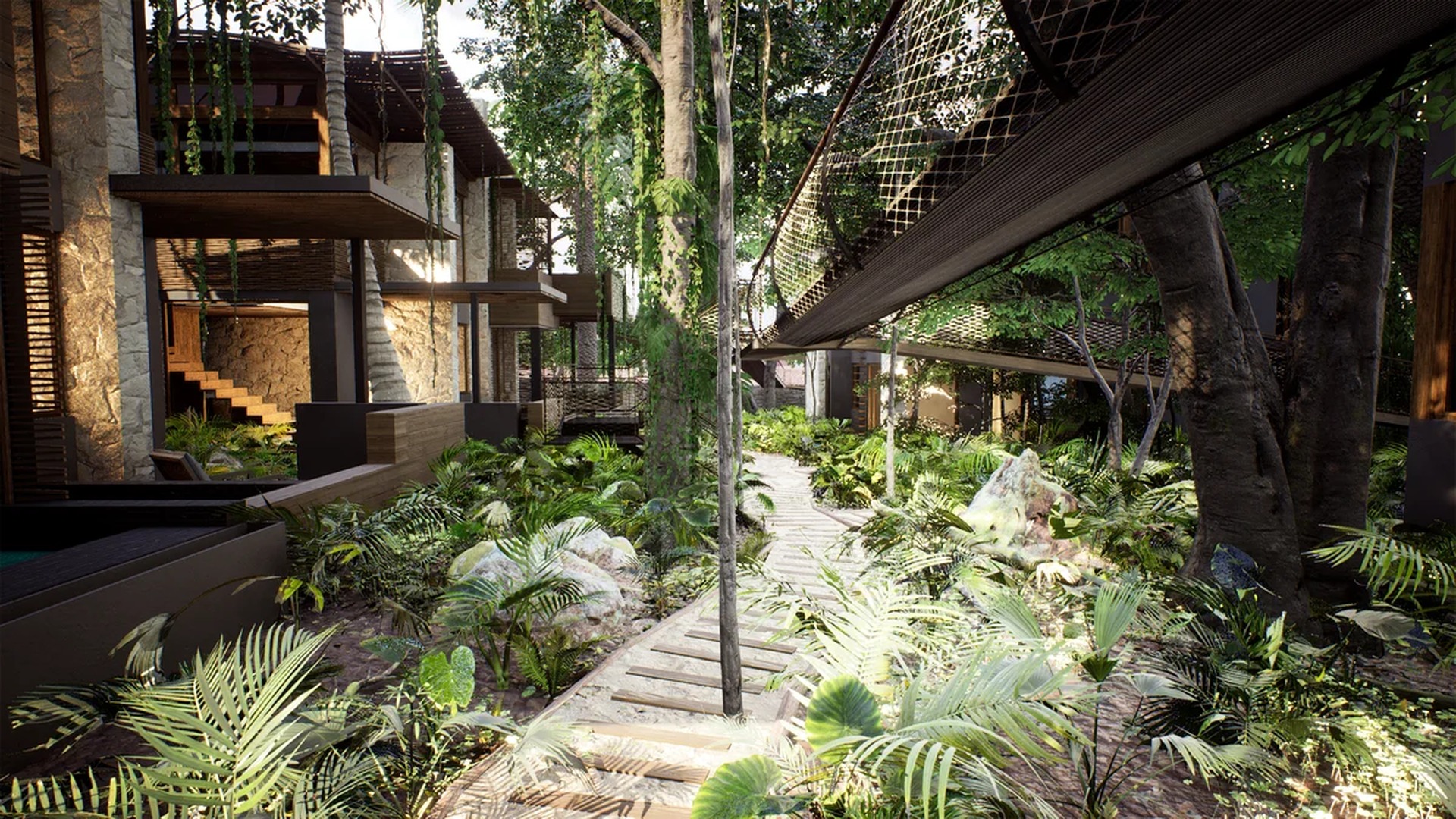 Image of a Jungle Retreat, featuring Lush Garden and Suspension Bridge.