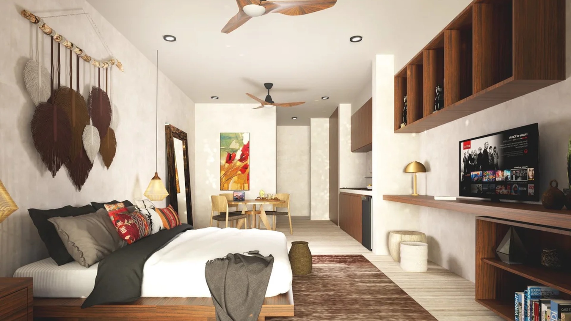 Image of a Studio Apartment, featuring Open Concept Layout and Bohemian Decor.