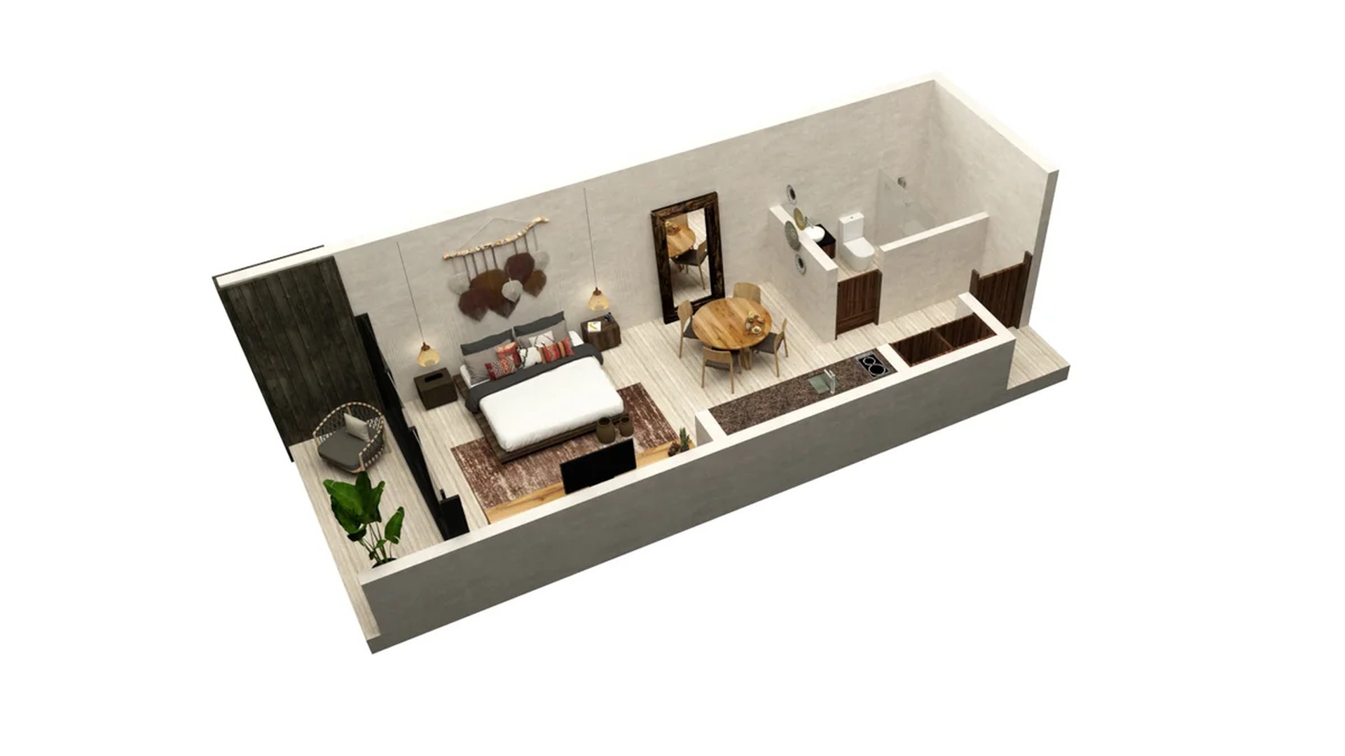 Image of a Studio Apartment, featuring Open Concept Layout and Modern Kitchenette.