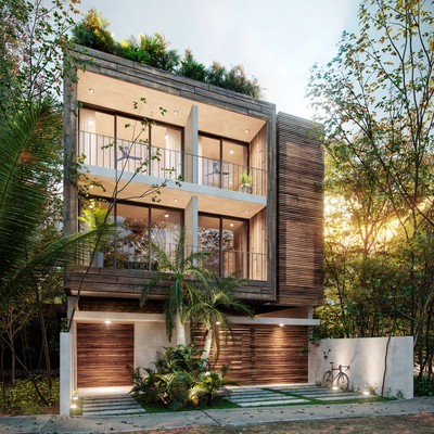 Image of a Modern Architecture, featuring Wood and Concrete Facade and Private Balconies.