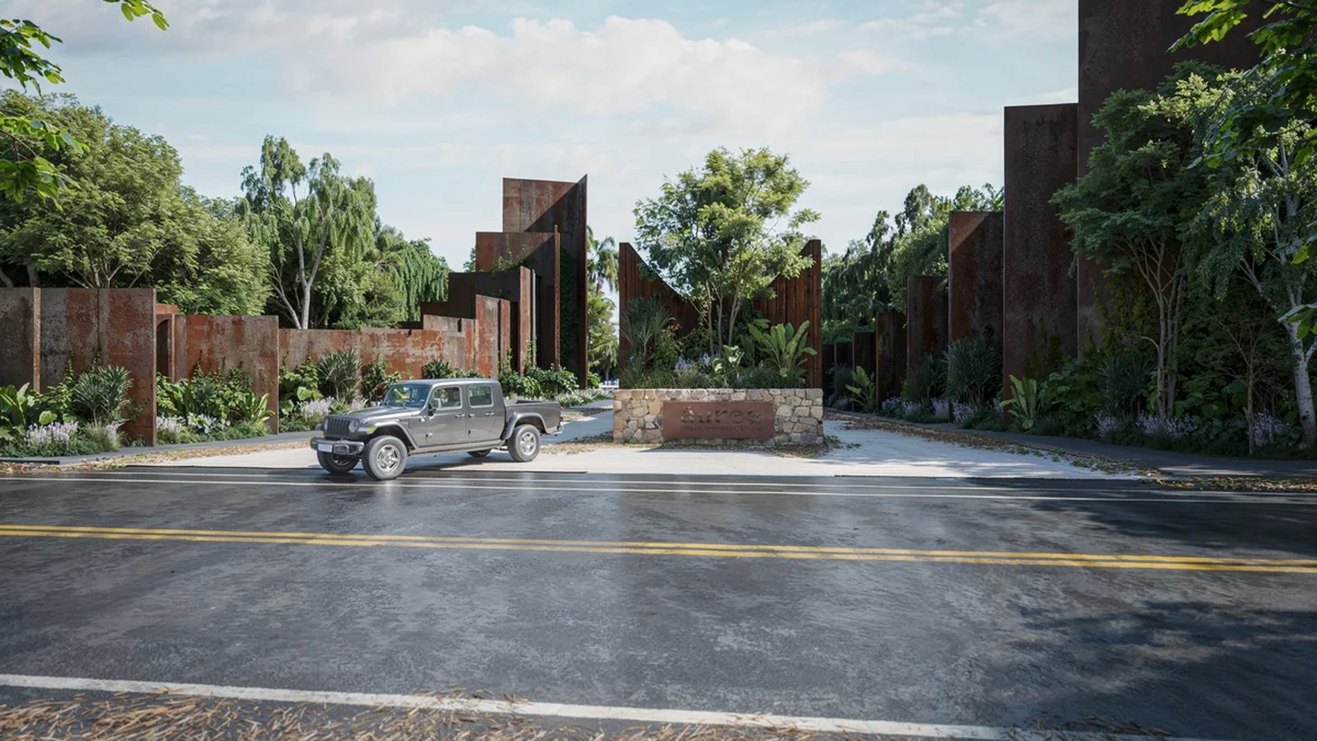 Image of a Gated Entrance, featuring Lush Landscaping and Modern Architectural Design.