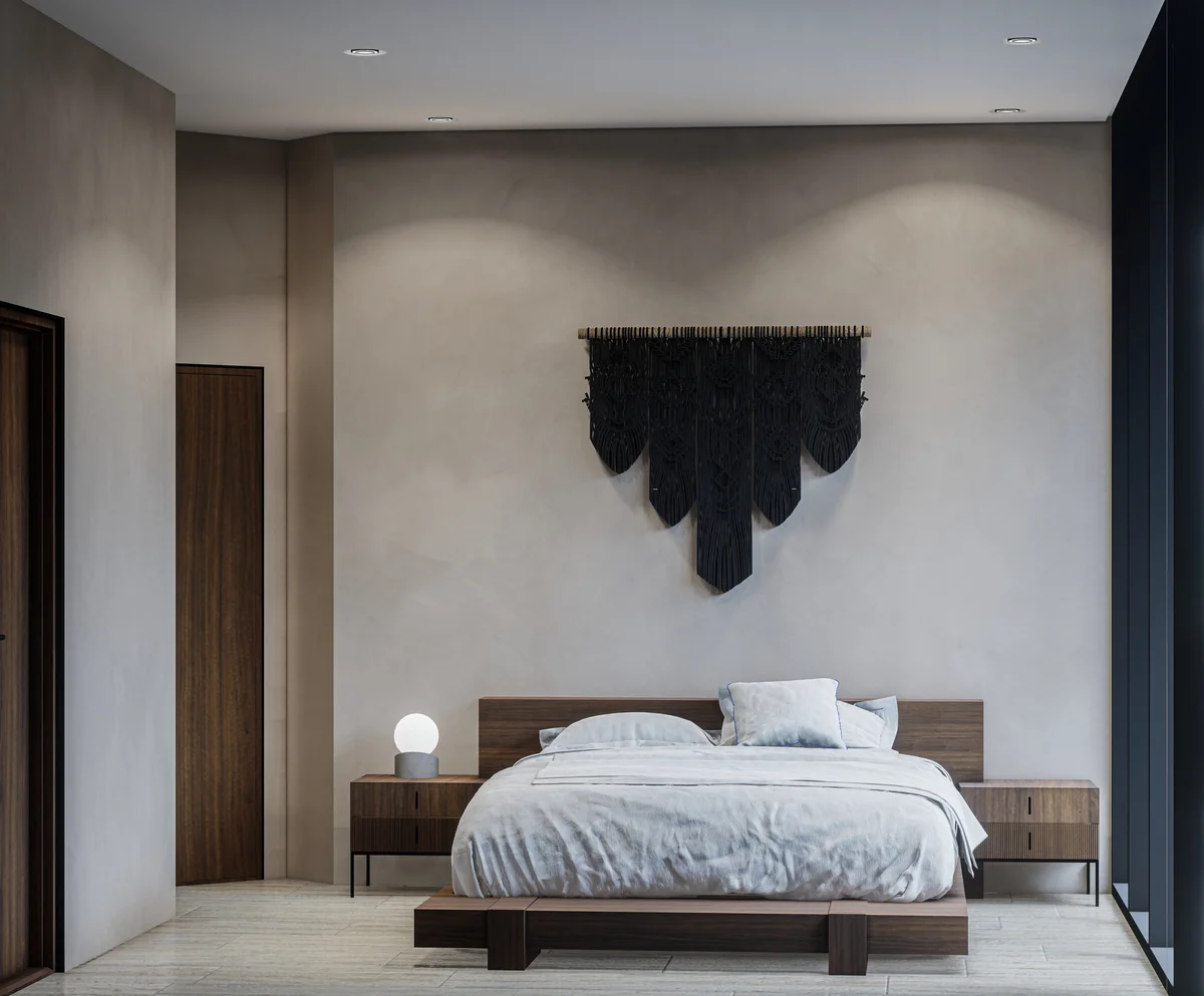 Image of a Modern Bedroom, featuring Platform Bed and Textured Plaster Walls.