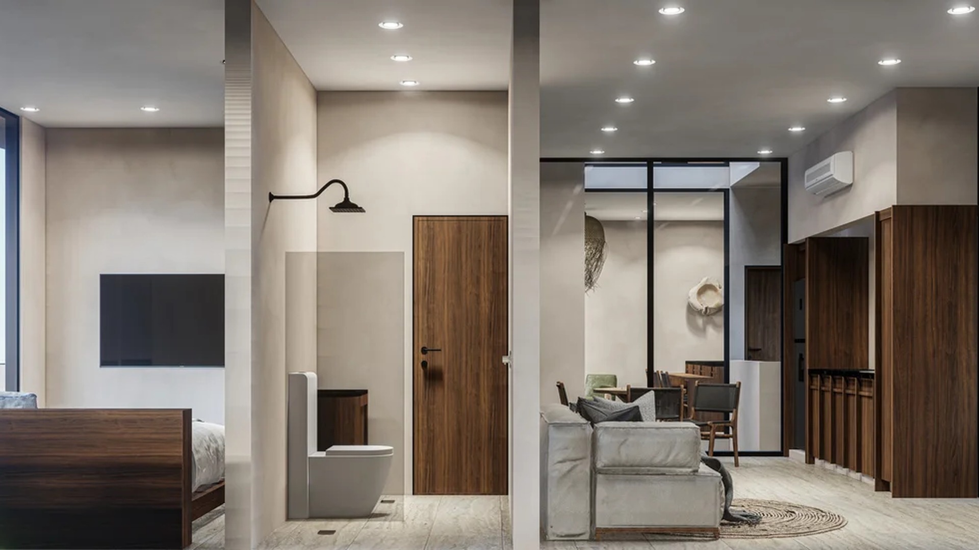 Image of a Modern Interior Design, featuring Open-Concept Layout and Bedroom Suite.