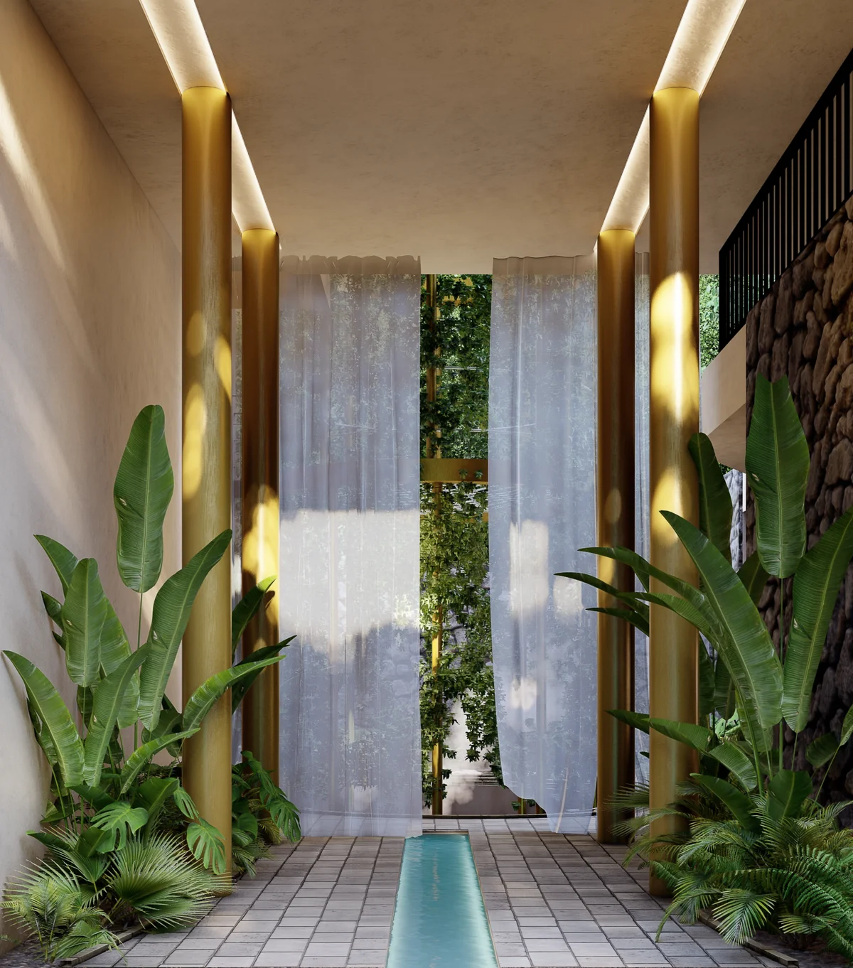 Image of a Indoor Water Feature, featuring Lush Greenery and Natural Stone Wall.