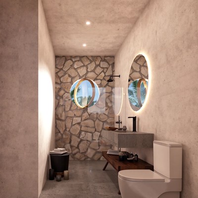 Image of a Modern Bathroom, featuring Stone Accent Wall and Walk-in Shower.