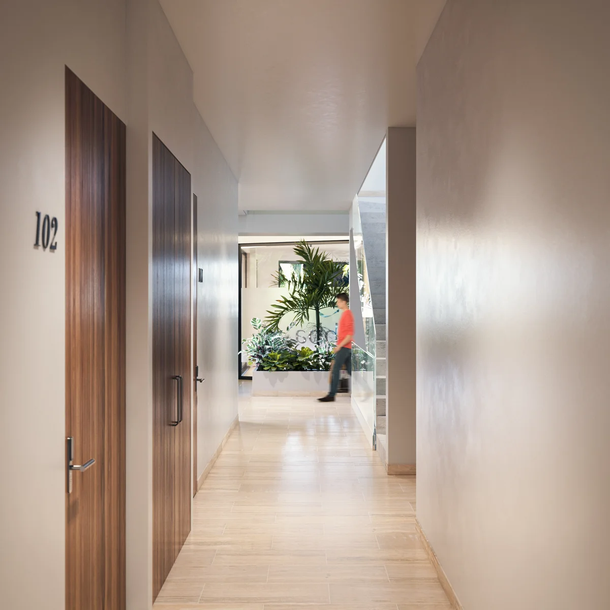 Image of a Modern Corridor, featuring Sleek Wood Doors and Tile Flooring.