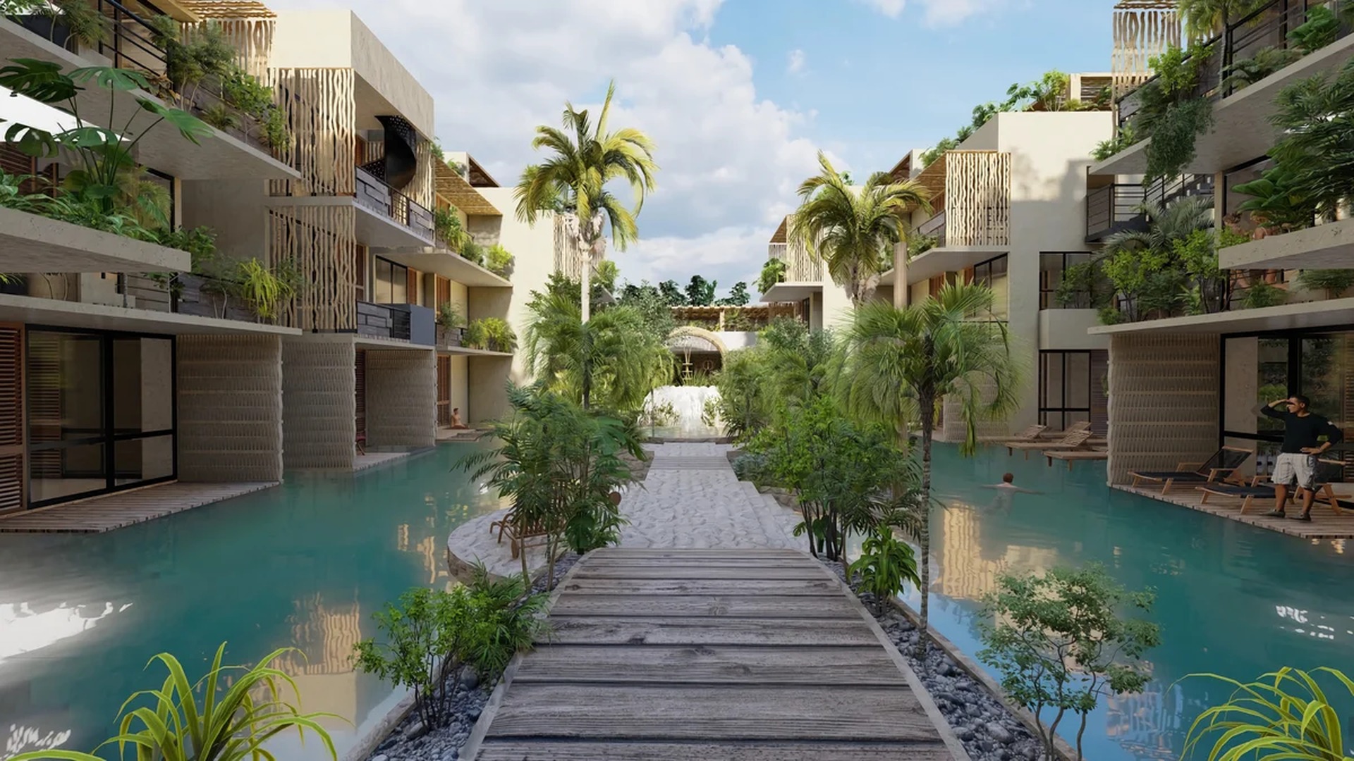Image of a Lagoon-Style Pool, featuring Tropical Modern Architecture and Private Balconies.