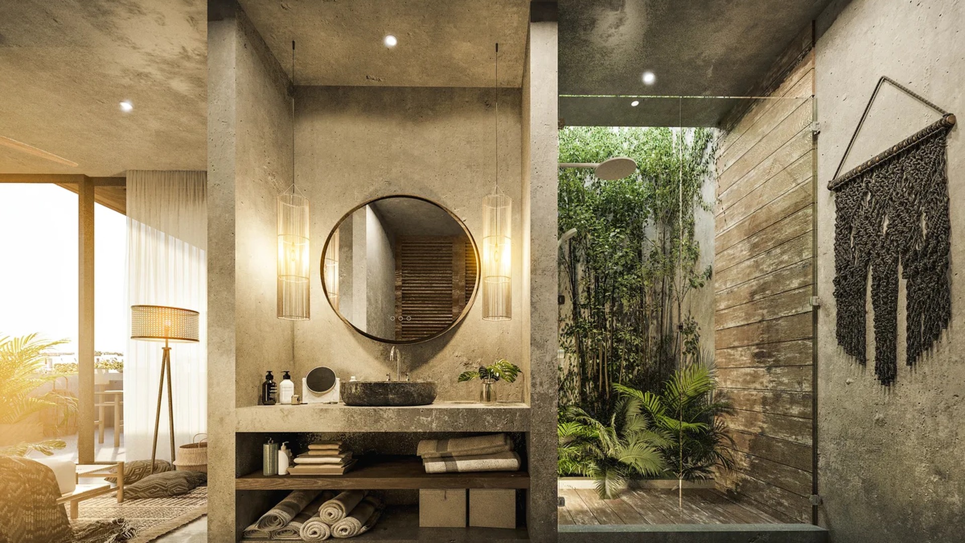 Image of a Spa-like Bathroom, featuring Open-Air Rainfall Shower and Concrete Walls.