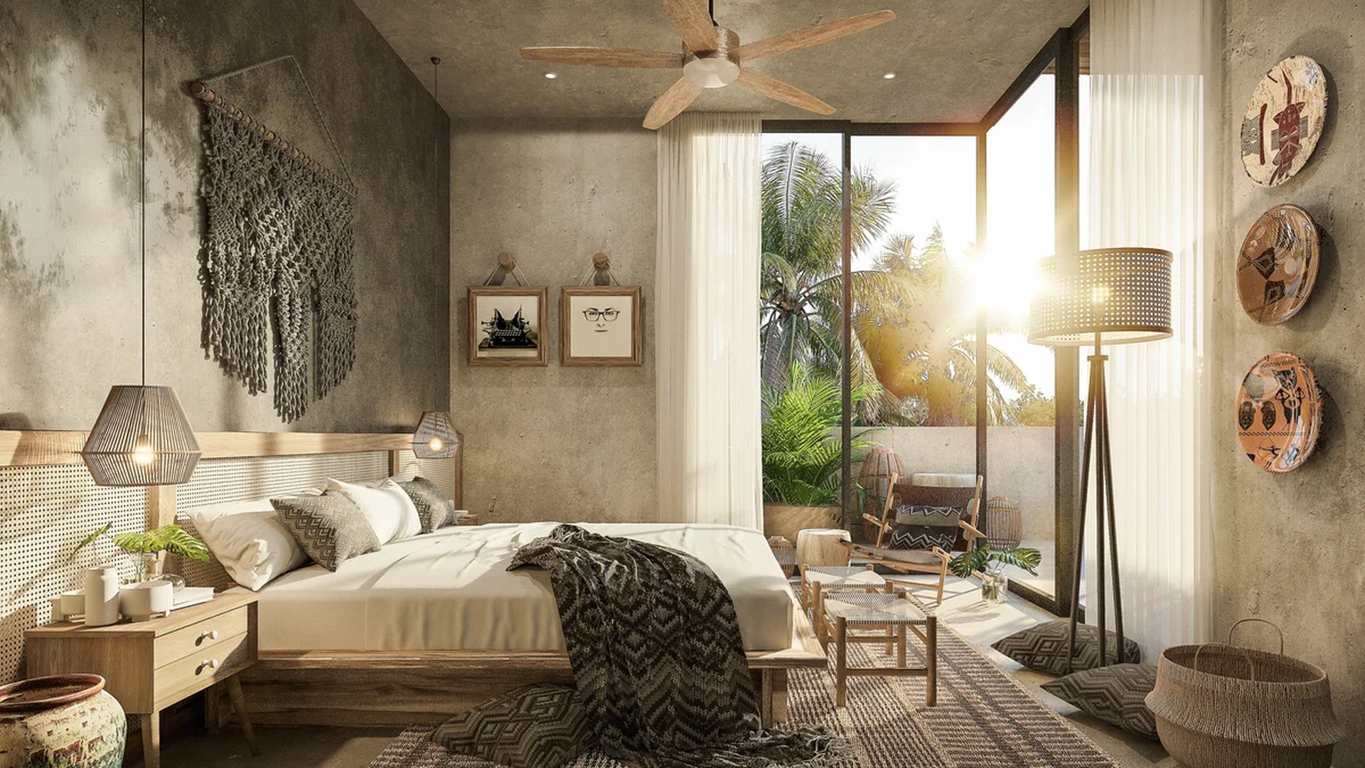 Image of a Master Bedroom, featuring Private Balcony and Boho-Chic Decor.