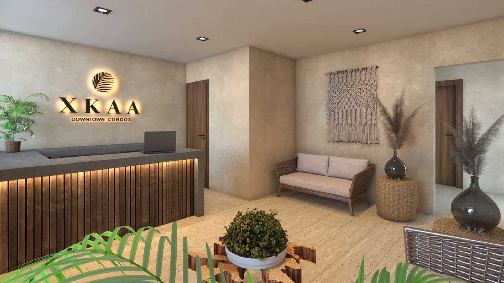 Image of a Designer Lobby, featuring Reception Desk and Bohemian Chic Decor.