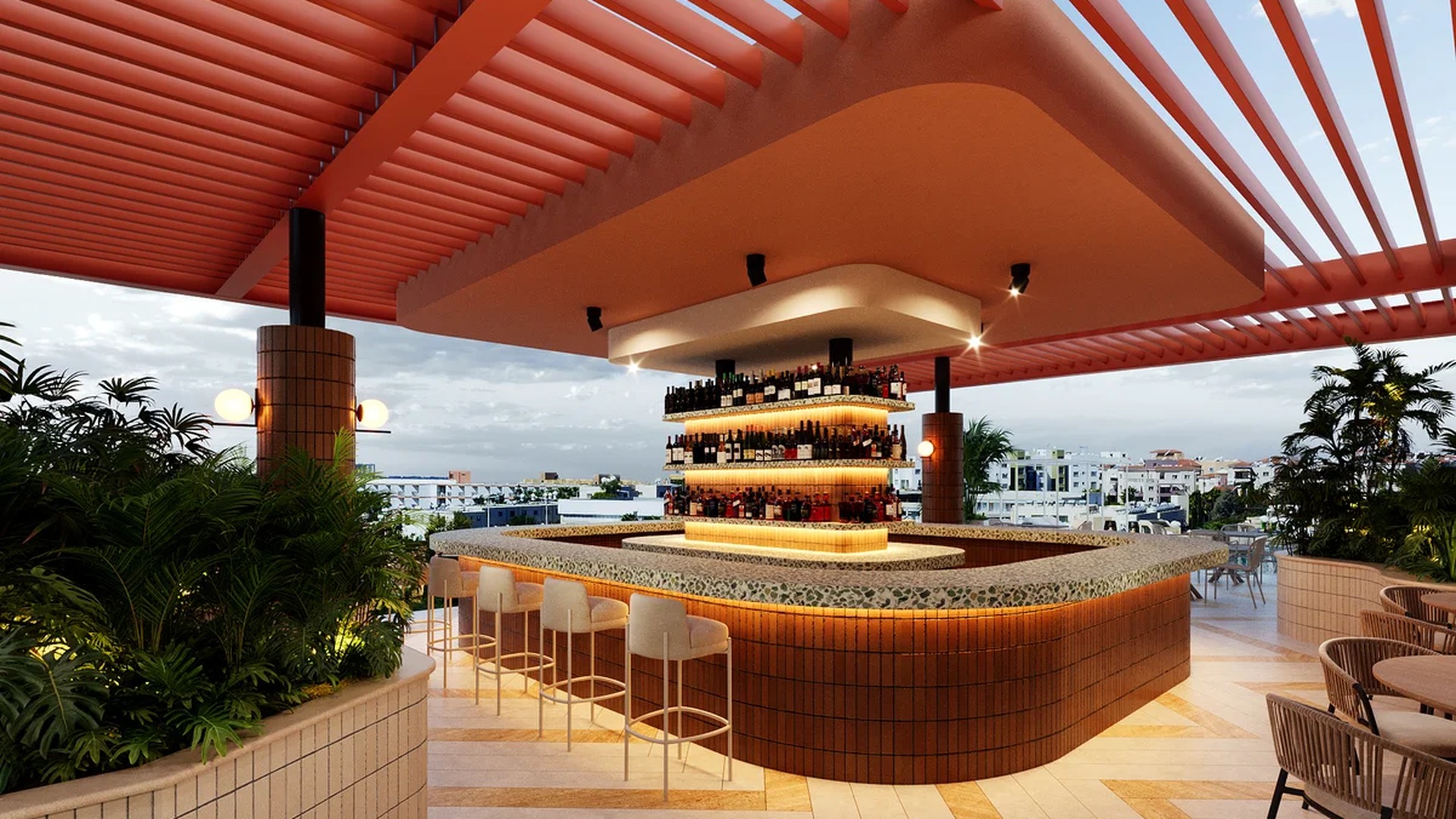 Image of a Rooftop Bar, featuring Outdoor Lounge and Architectural Pergola.