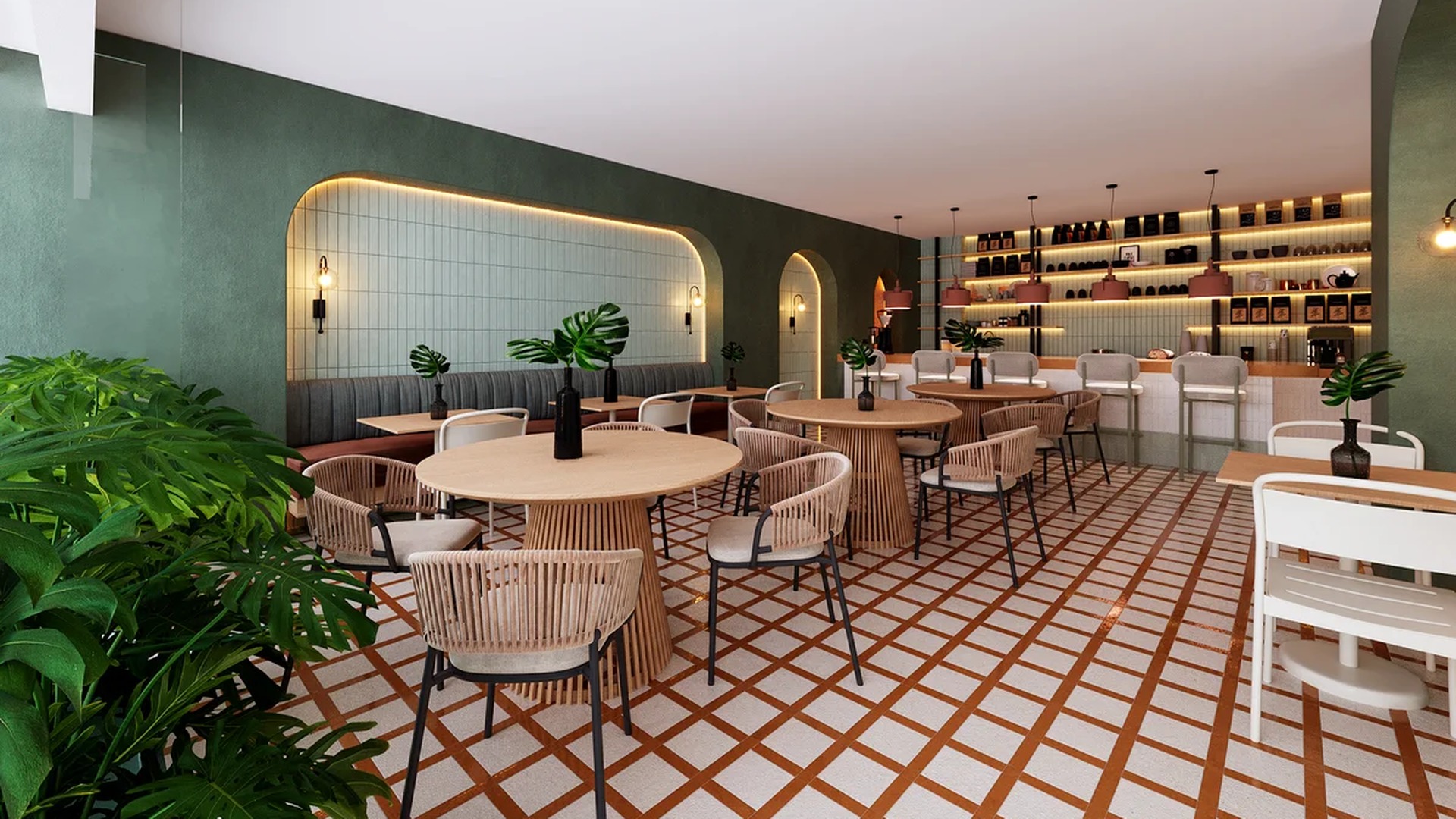 Image of a Cafe Interior, featuring Banquette Seating and Patterned Tile Flooring.