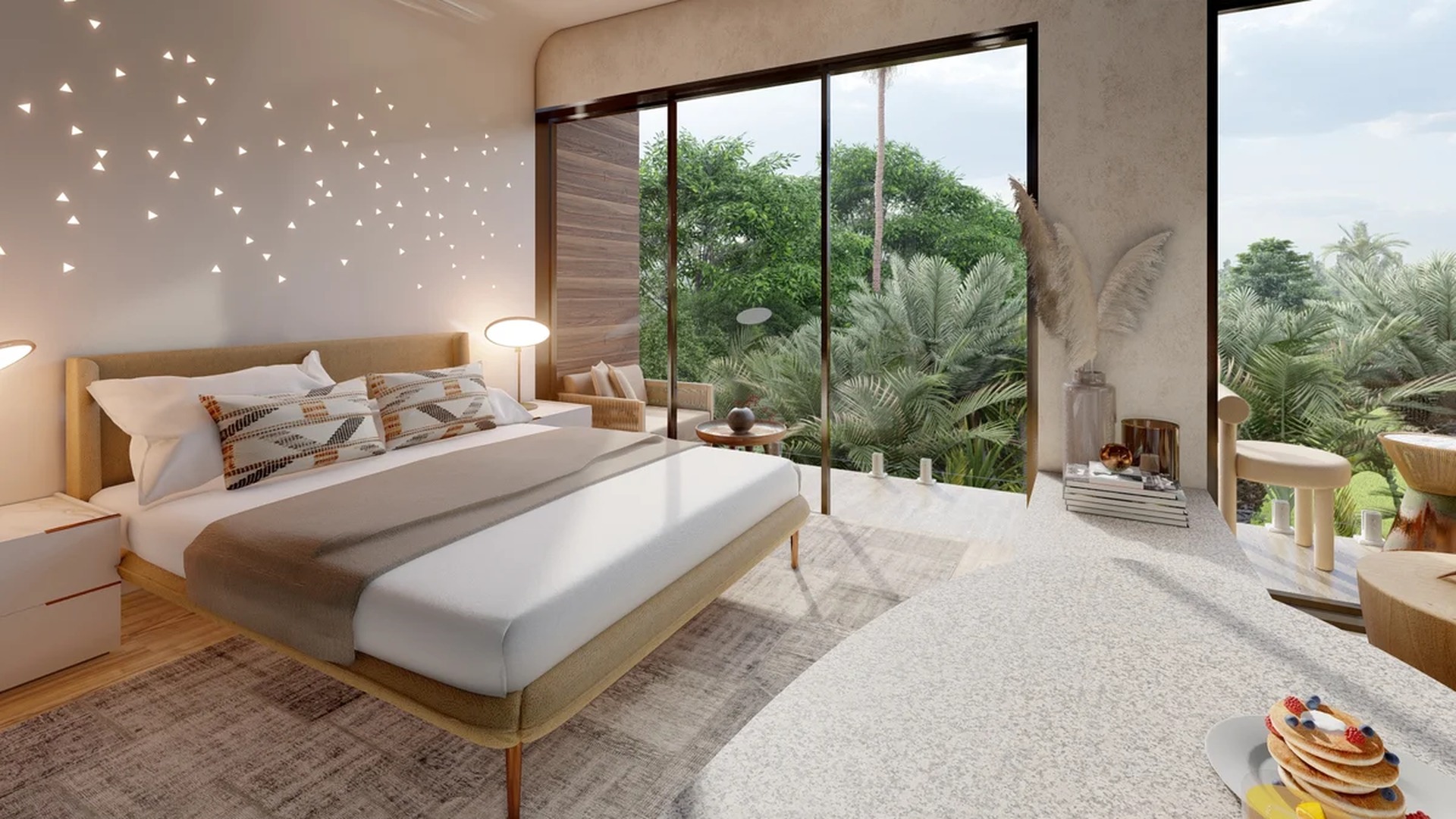 Image of a Modern Bedroom, featuring Floor-to-Ceiling Windows and Private Balcony.