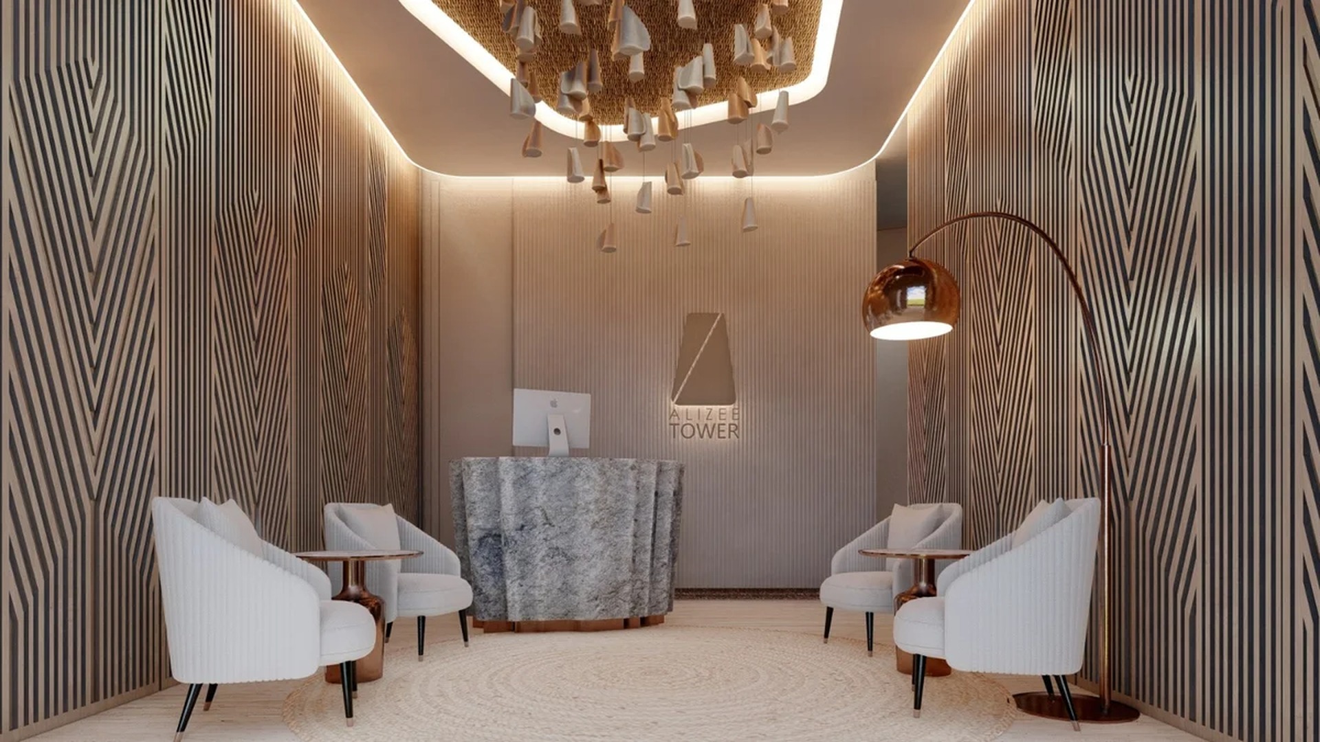 Image of a Luxury Lobby, featuring Stone Reception Desk and Modern Seating Area.