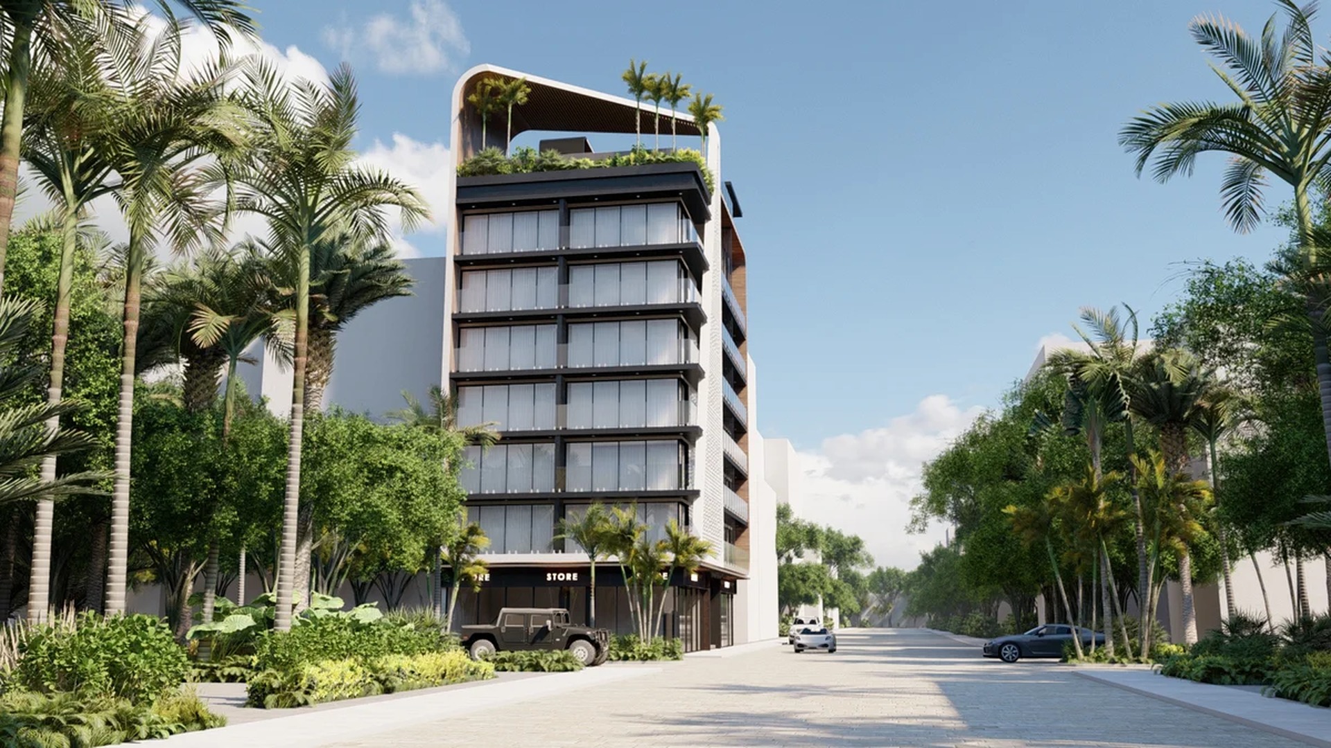 Image of a Modern Architecture, featuring Rooftop Terrace and Lush Landscaping.