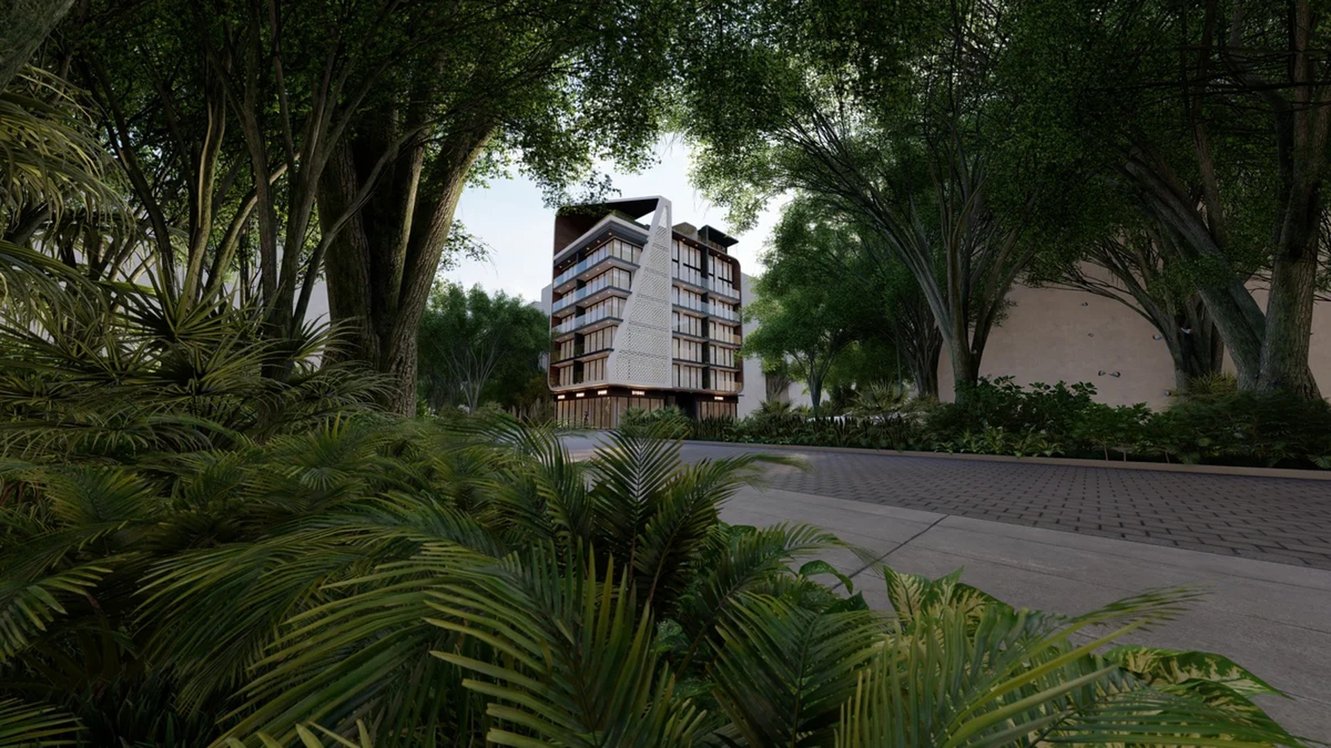 Image of a Modern Apartment Building, featuring Lush Landscaping and Contemporary Architecture.