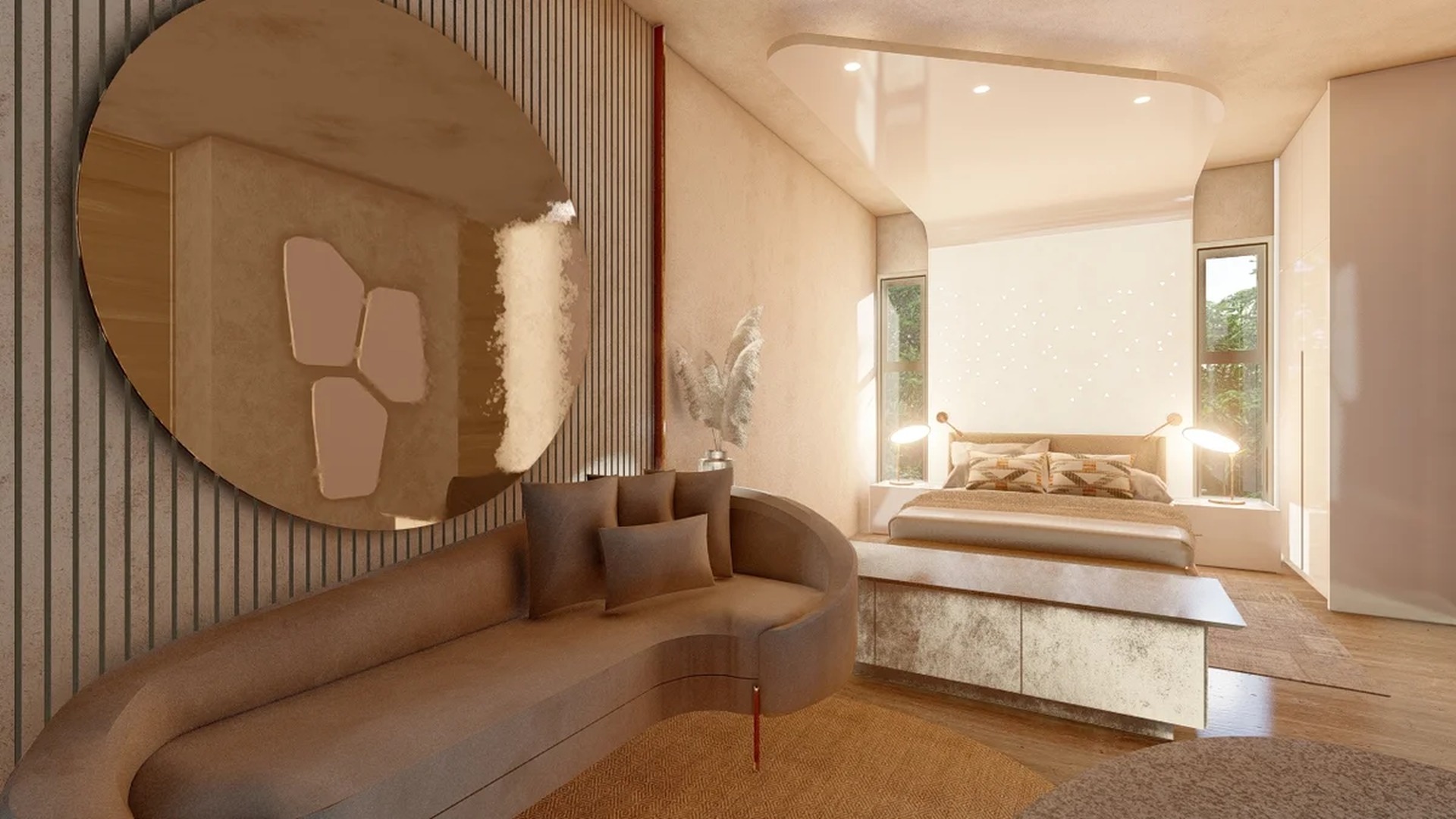 Image of a Modern Bedroom, featuring Integrated Seating Area and Platform Bed.