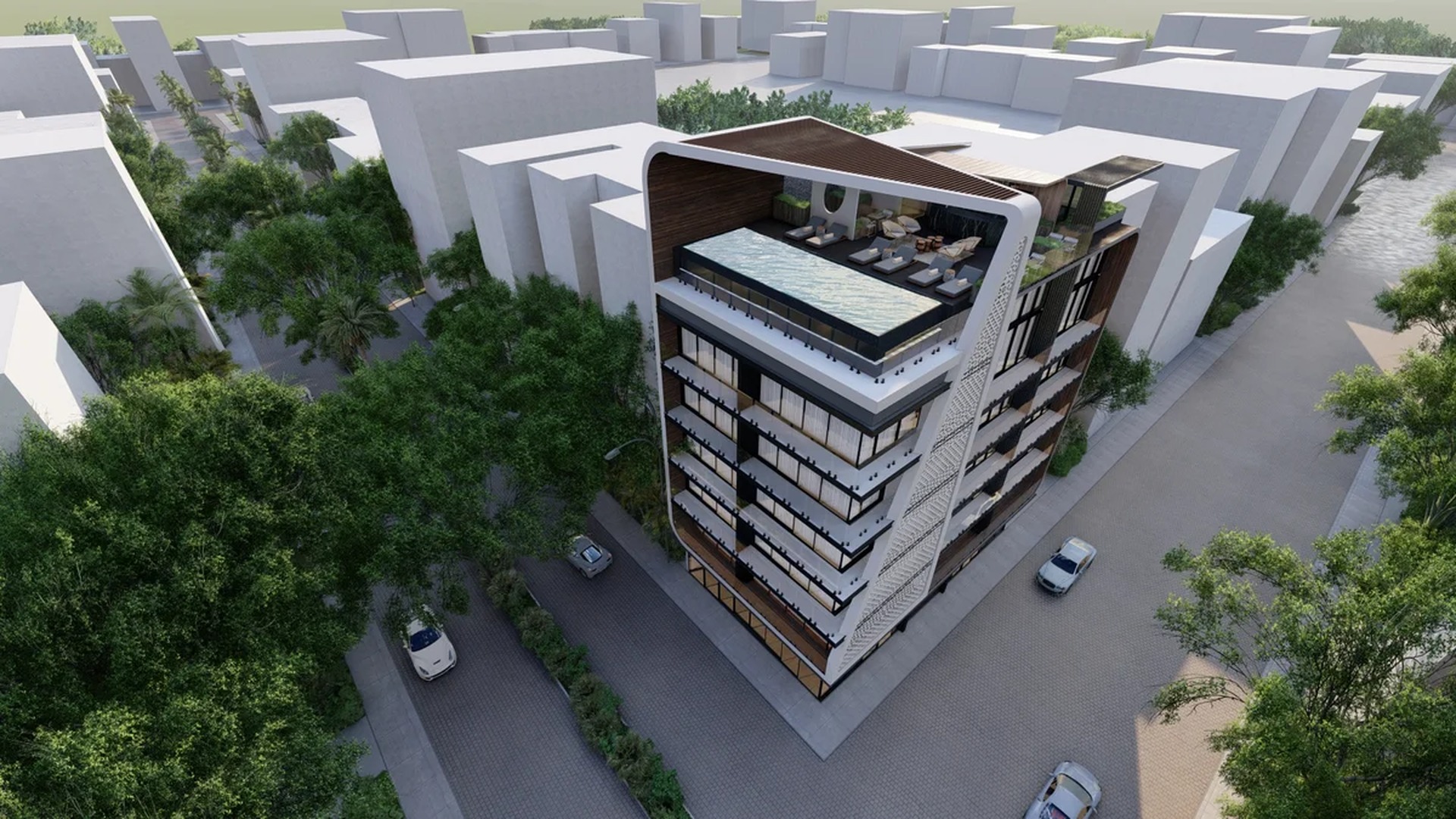 Image of a Rooftop Pool, featuring Rooftop Lounge and Modern Architecture.