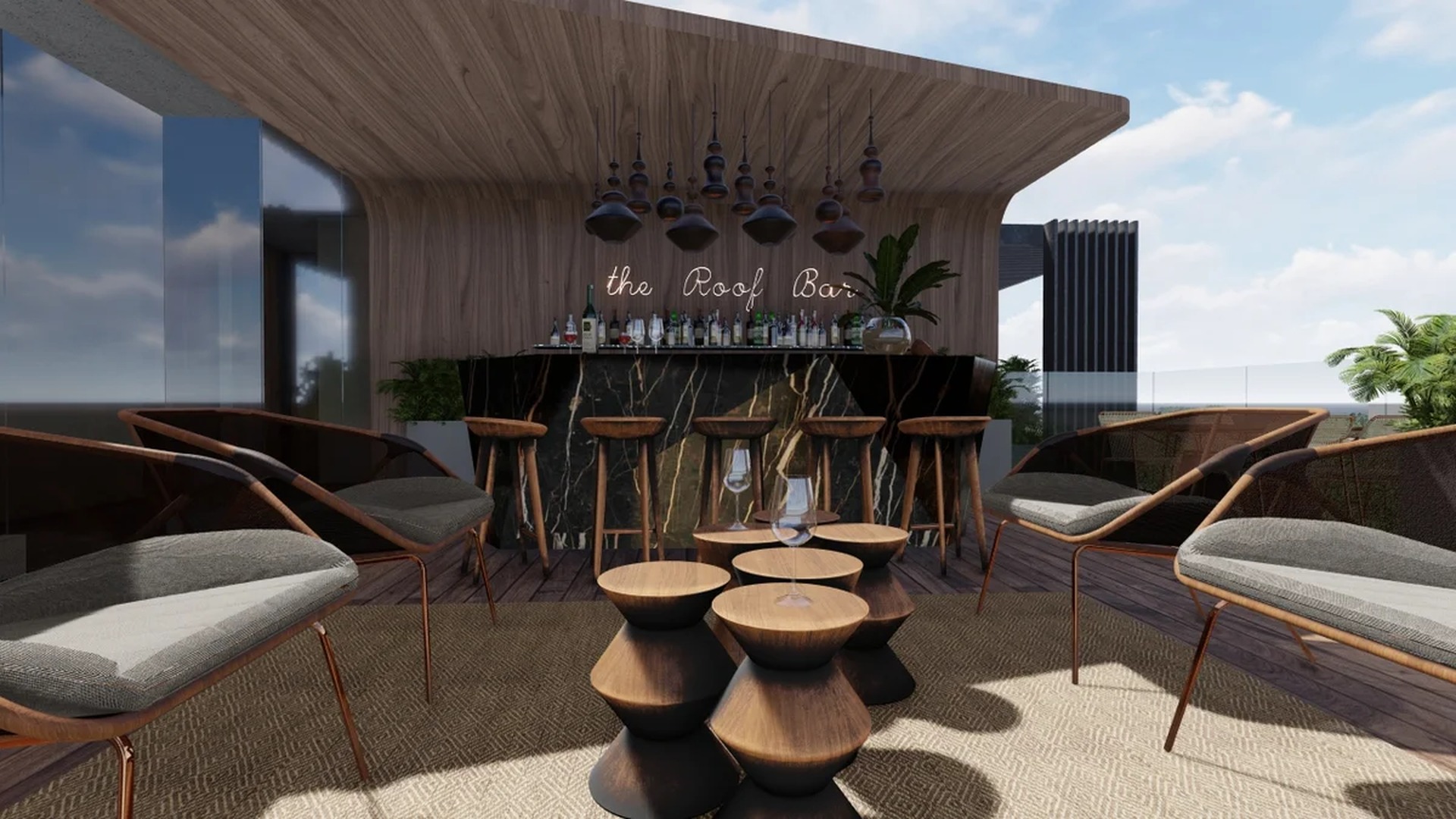 Image of a Rooftop Bar, featuring Outdoor Lounge and Marble Bar.
