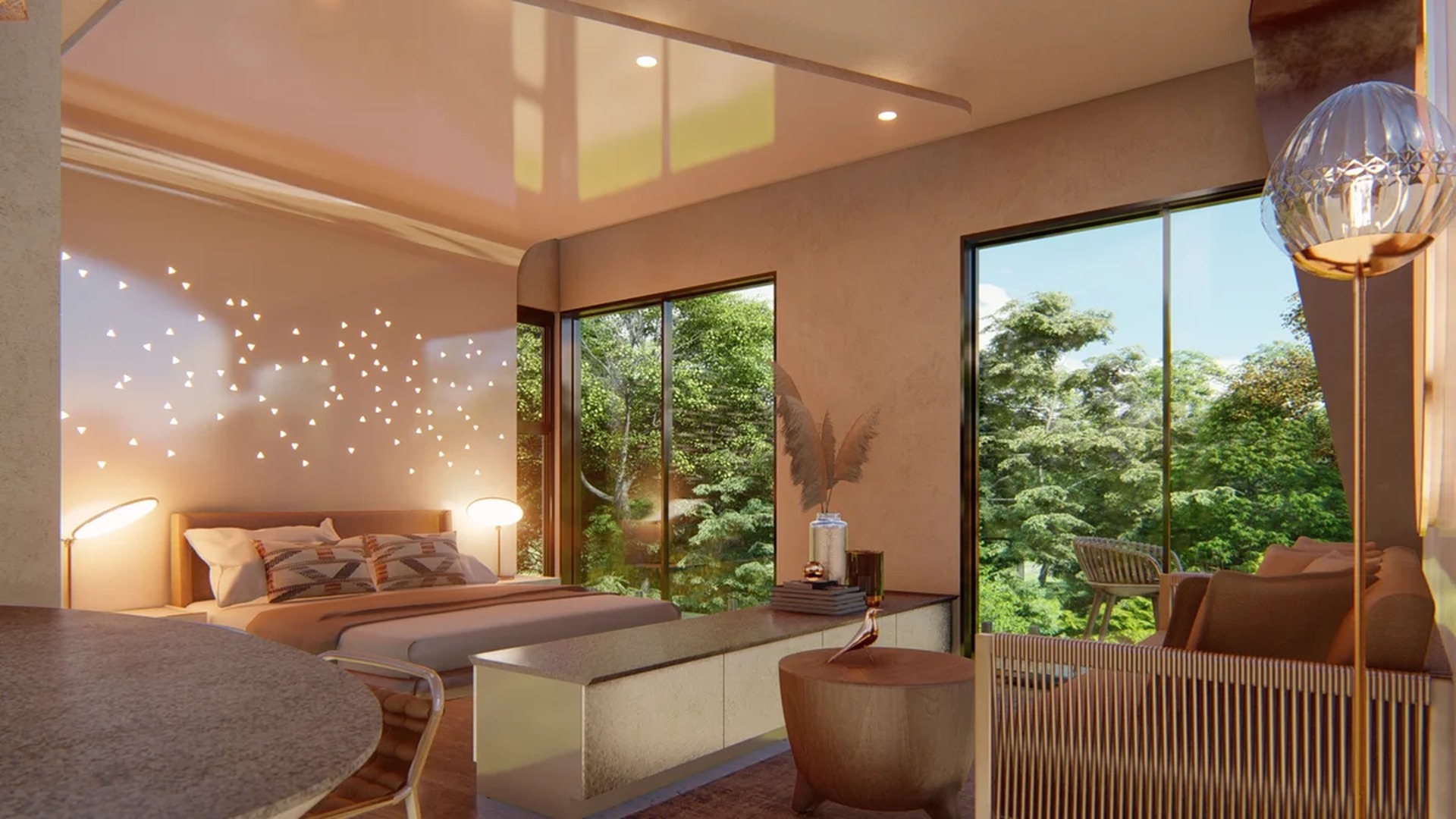 Image of a Modern Bedroom, featuring Floor-to-Ceiling Windows and Nature View.