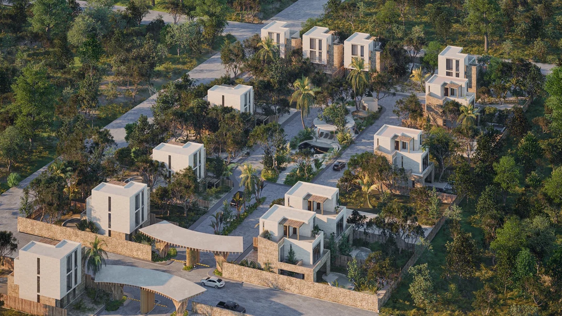 Image of a Gated Community, featuring Modern Villas and Lush Landscaping.