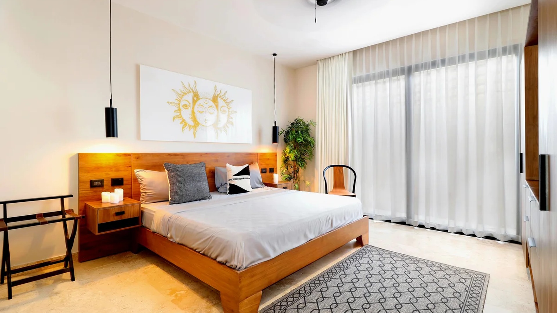 Image of a Modern Bedroom, featuring Stone Tile Flooring and Wooden Bed Frame.