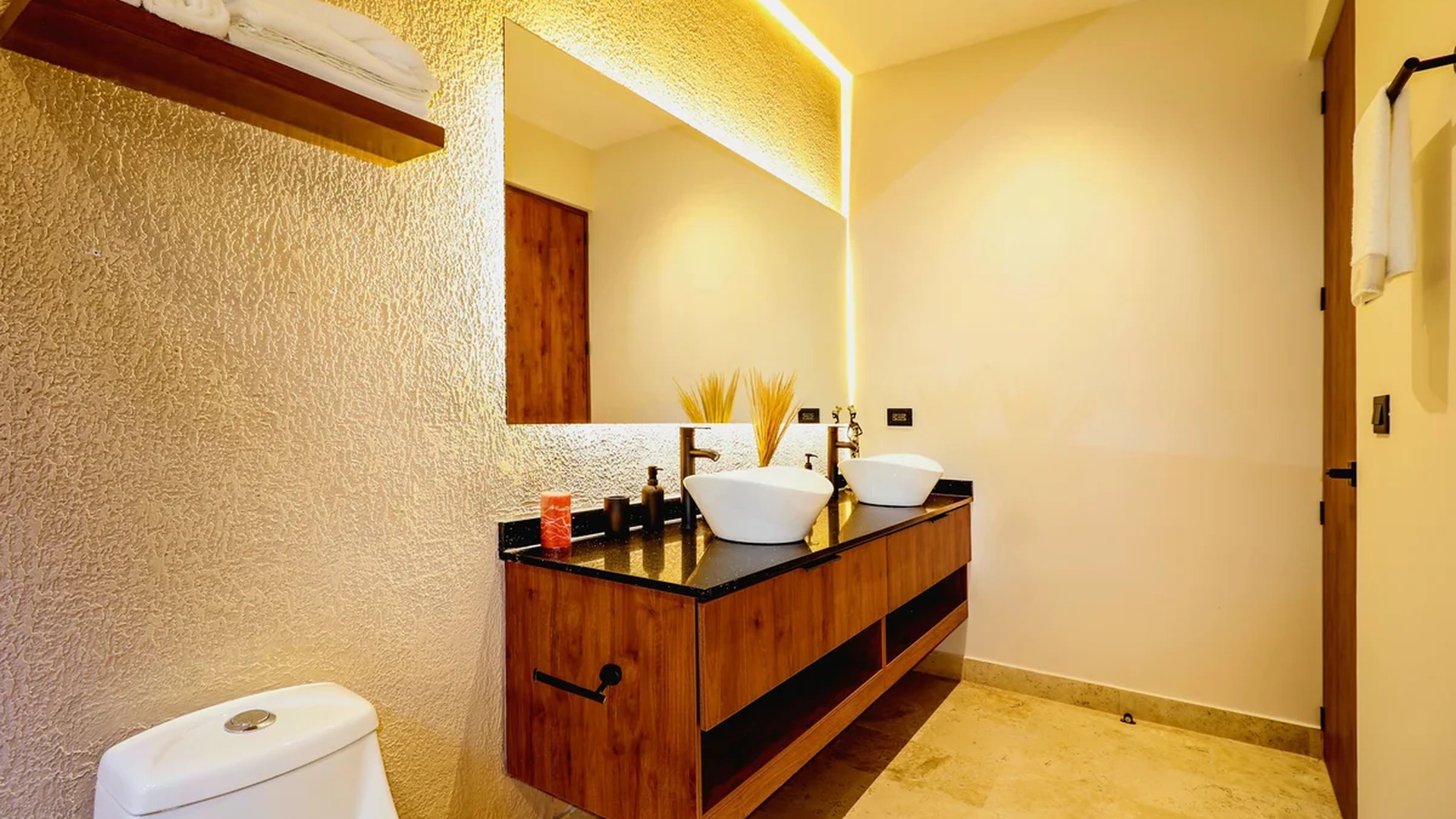 Image of a Modern Bathroom, featuring Double Vanity and Vessel Sinks.