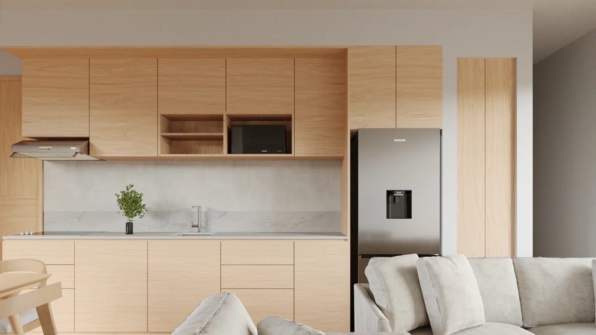 Image of a Modern Kitchen, featuring Open-Concept Living and Light Wood Cabinetry.