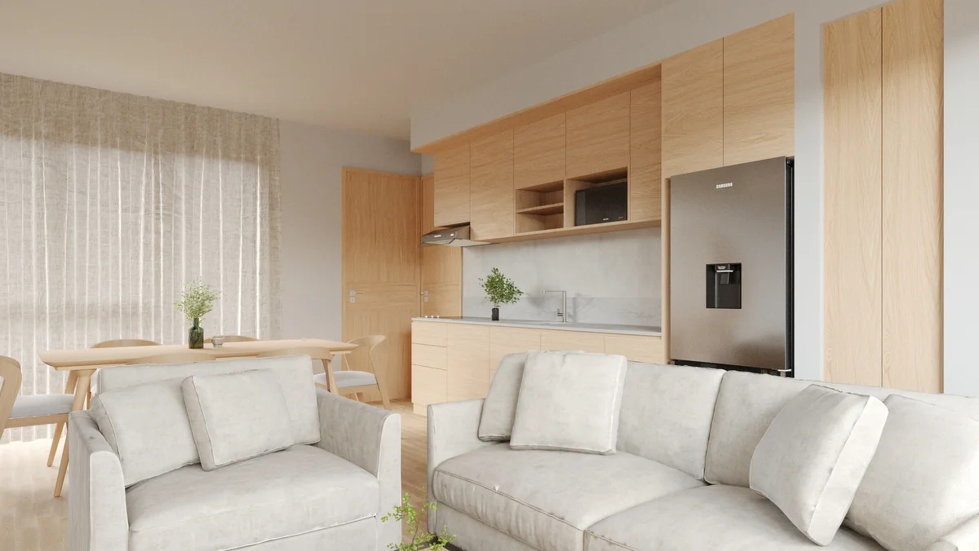 Image of a Open Concept Living, featuring Modern Kitchen and Light Wood Cabinetry.