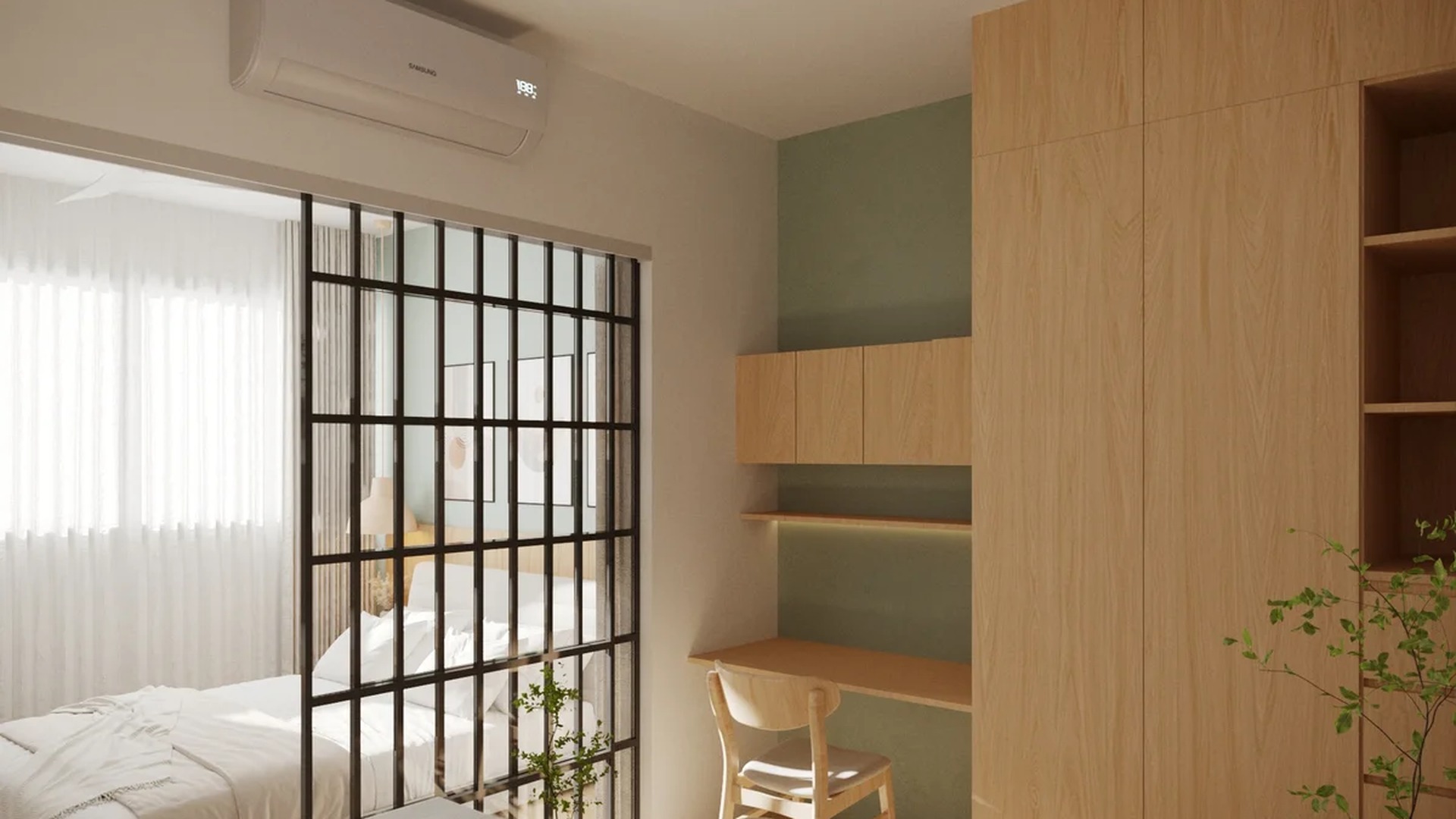 Image of a Studio Apartment, featuring Glass Partition Wall and Built-in Desk.