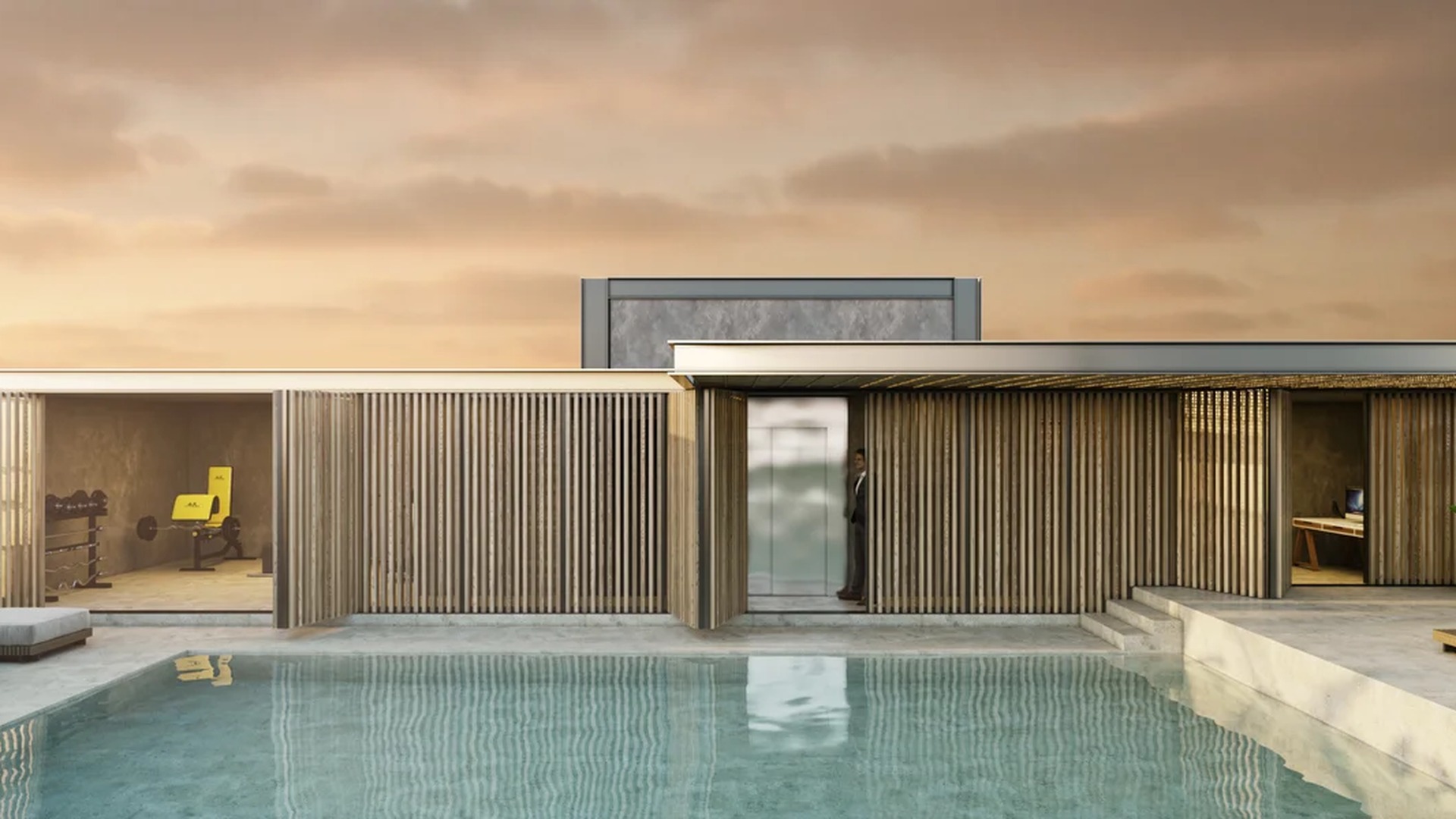Image of a Rooftop Pool, featuring Private Gym and Modern Architecture.
