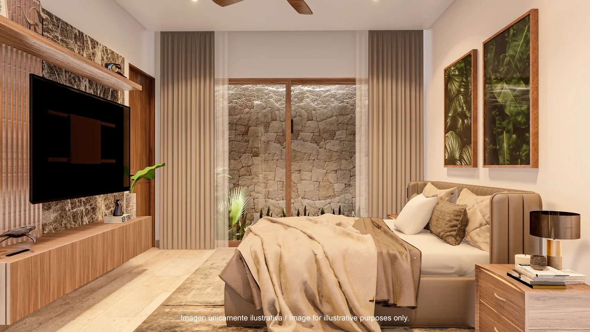 Image of a Luxury Bedroom, featuring Modern Interior Design and Wood Slat Accent Wall.