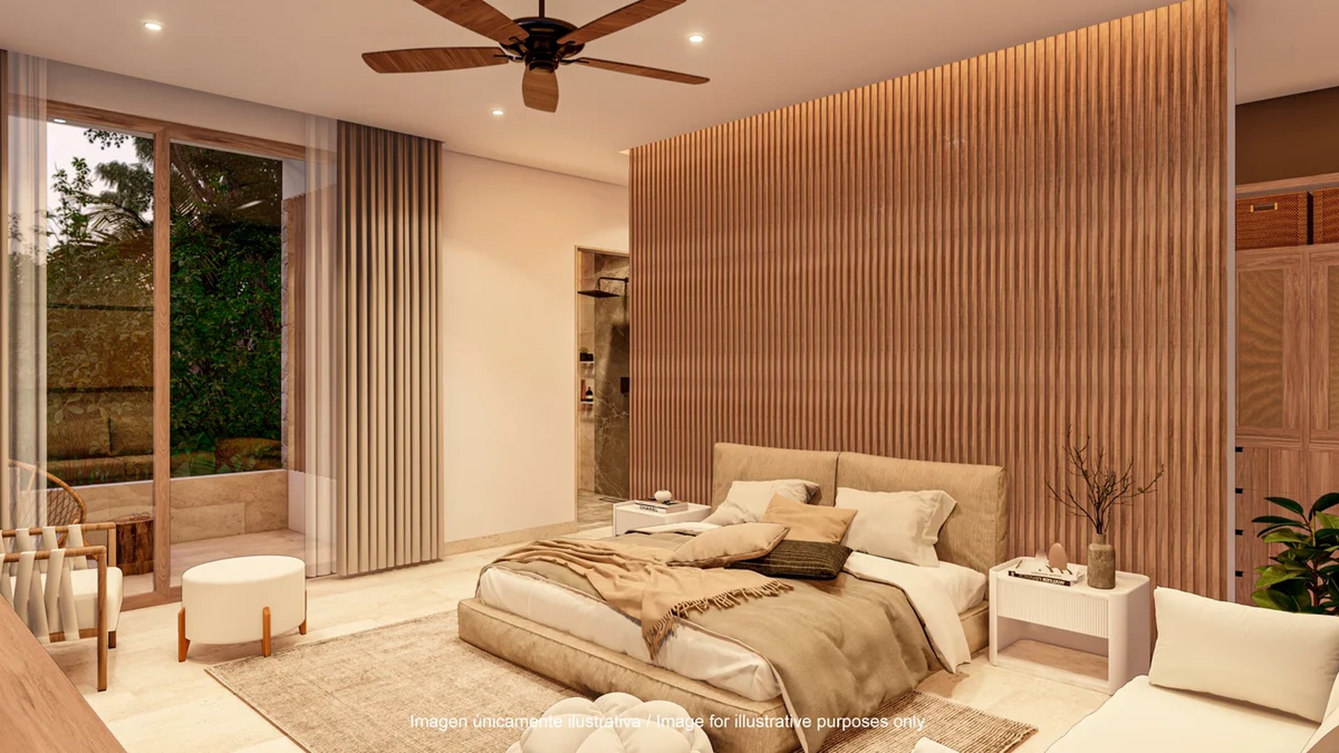 Image of a Master Bedroom, featuring Private Balcony and Wood Slat Accent Wall.