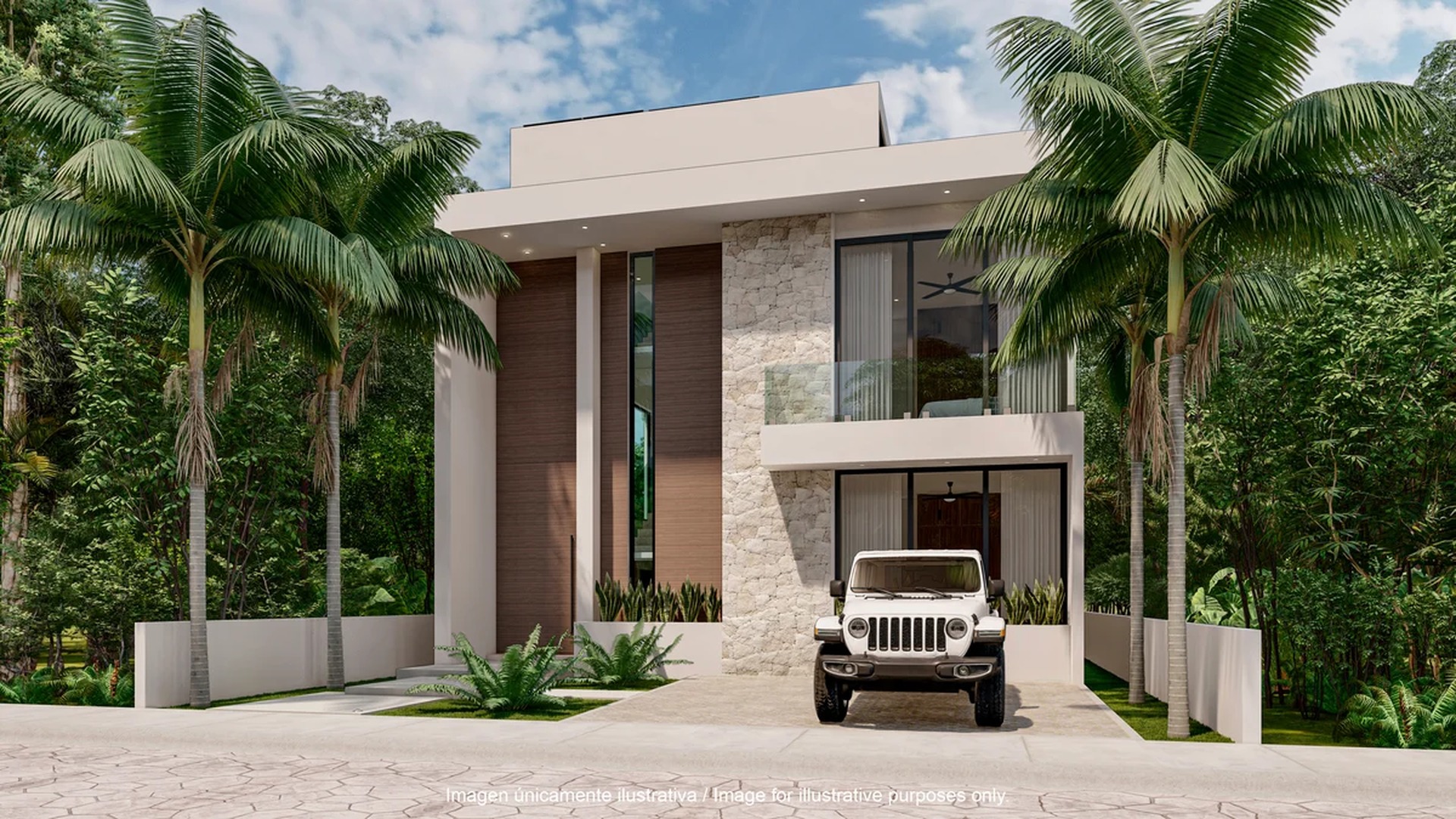Image of a Modern Architecture, featuring Tropical Landscaping and Stone Facade.