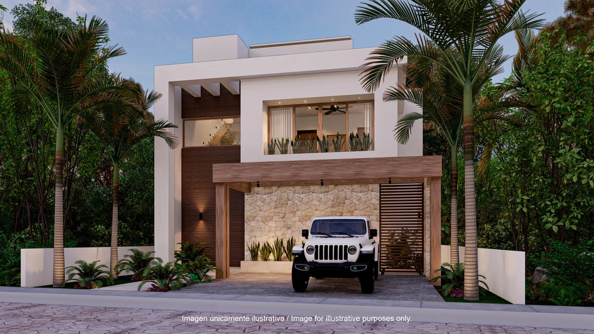 Image of a Modern Villa, featuring Contemporary Architecture and Stone Accent Wall.