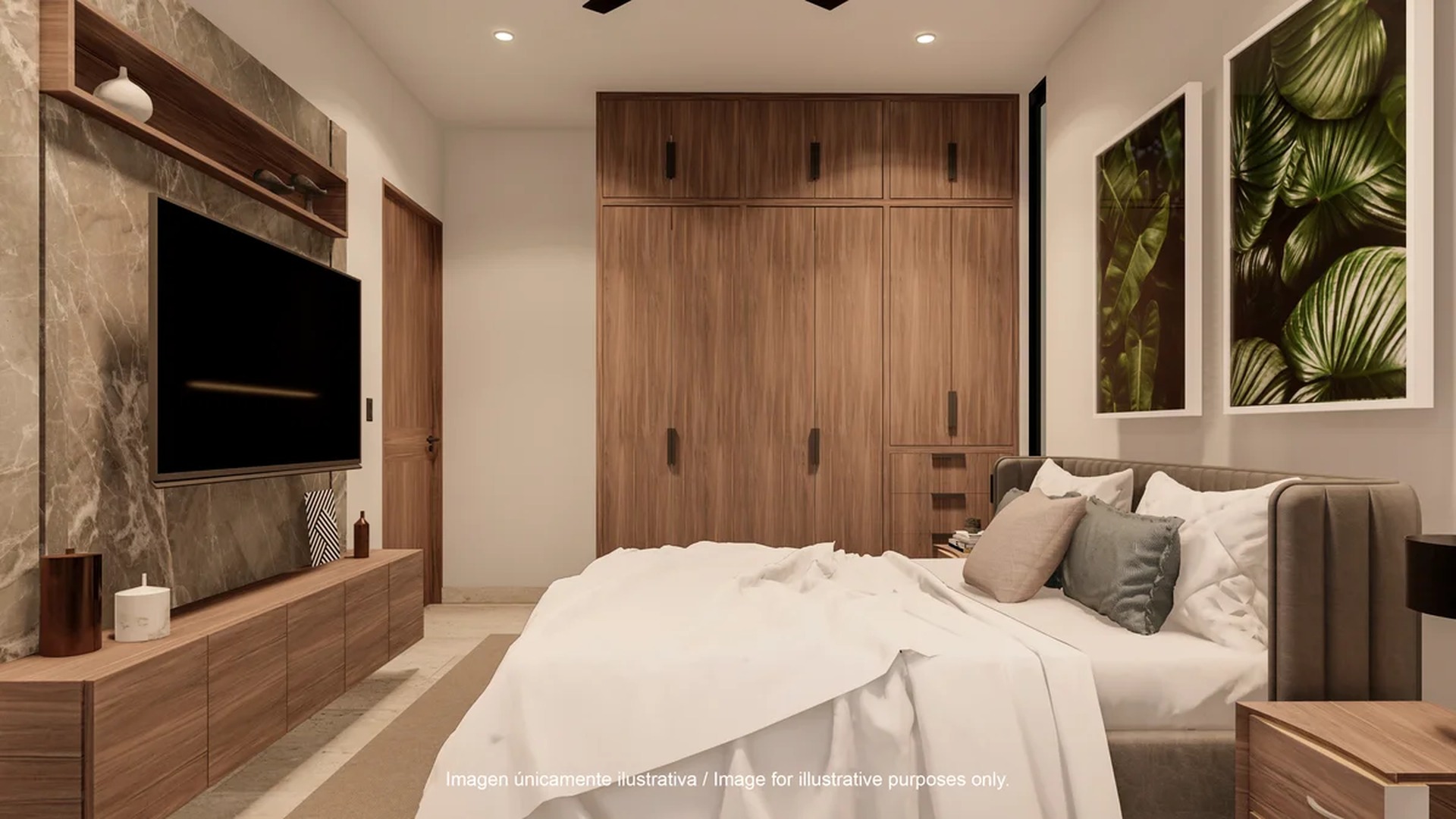 Image of a Modern Bedroom, featuring Marble Accent Wall and Built-in Wardrobe.