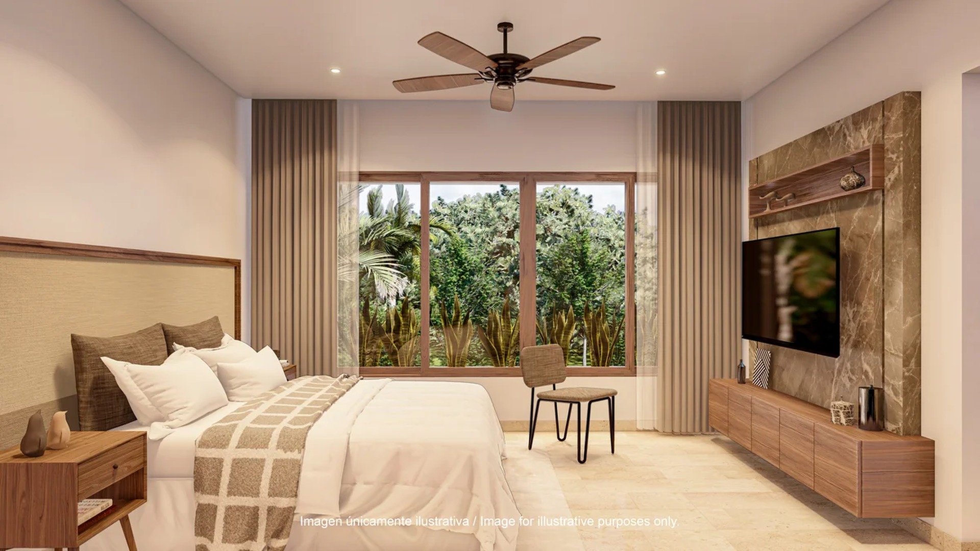 Image of a Master Bedroom, featuring Garden View and Marble Accent Wall.