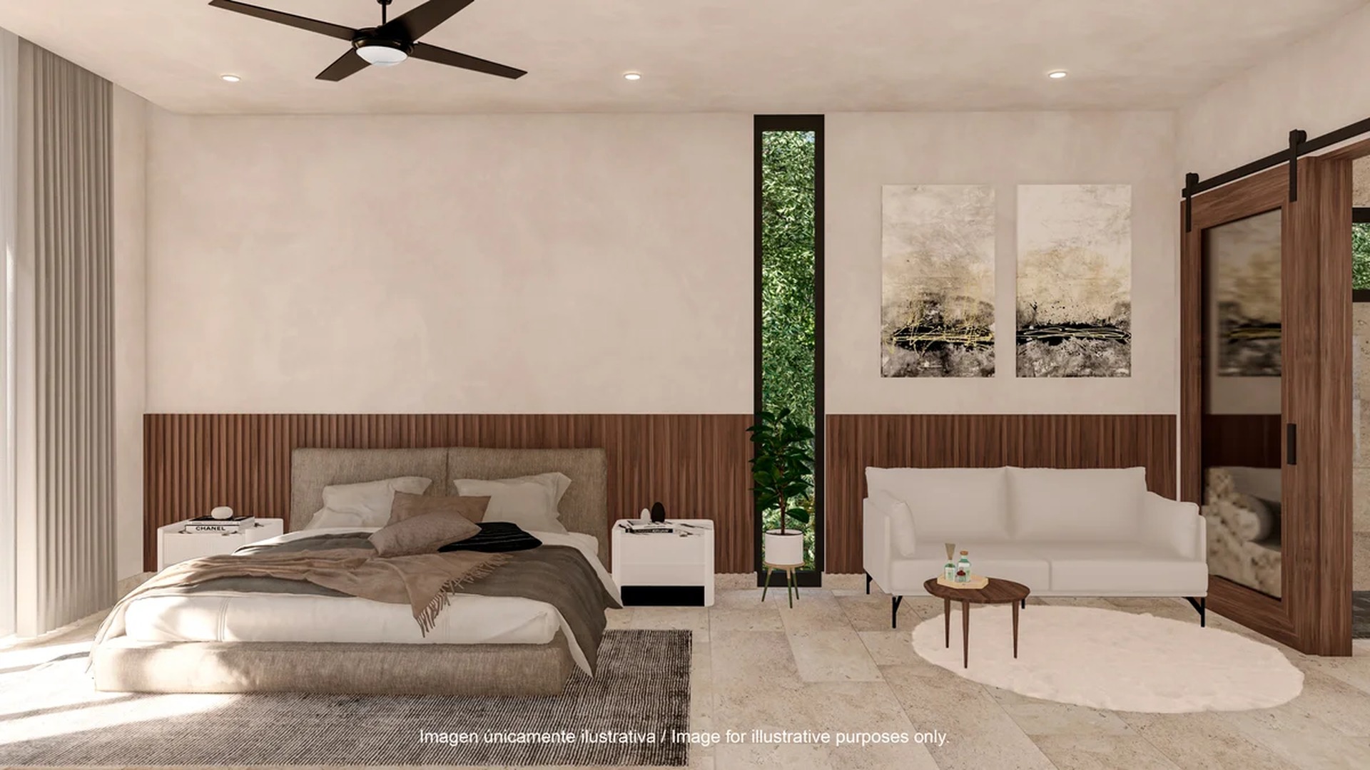 Image of a Bedroom Suite, featuring Wood Accent Wall and Natural Stone Flooring.