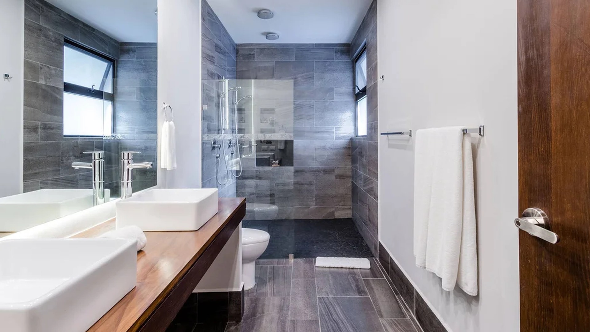 Image of a Modern Bathroom, featuring Walk-in Shower and Double Vanity.