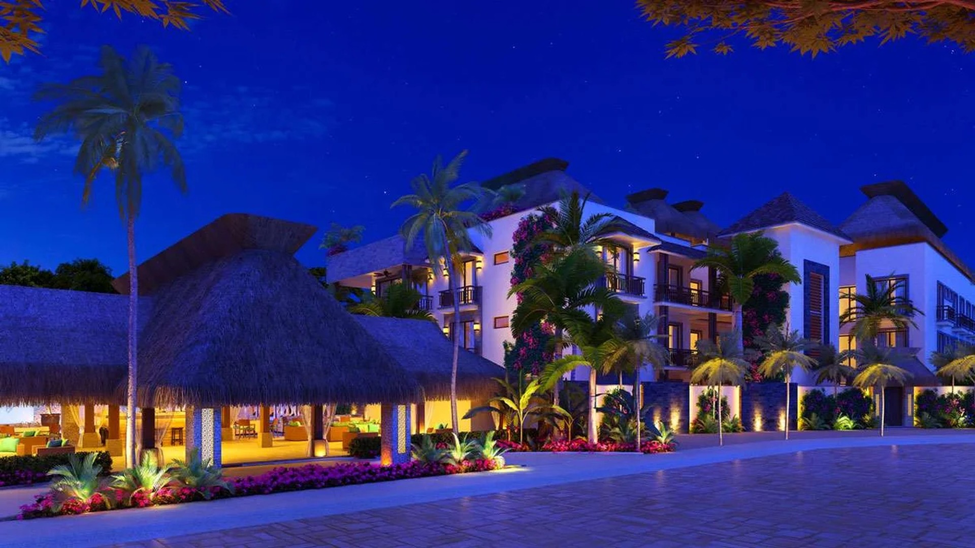 Image of a Tropical Resort Architecture, featuring Thatched Roof Palapas and Lush Gardens.
