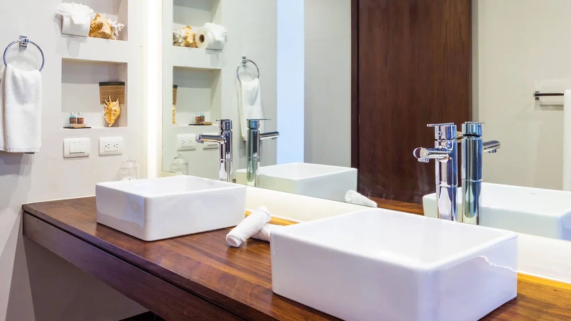 Image of a Modern Bathroom, featuring Double Vanity and Vessel Sinks.