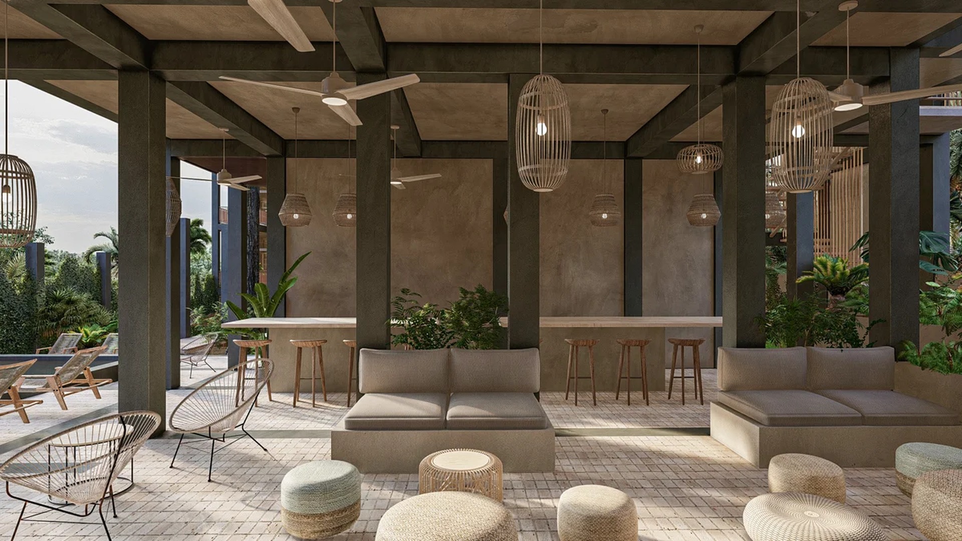 Image of a Outdoor Lounge, featuring Covered Terrace and Poolside Seating.